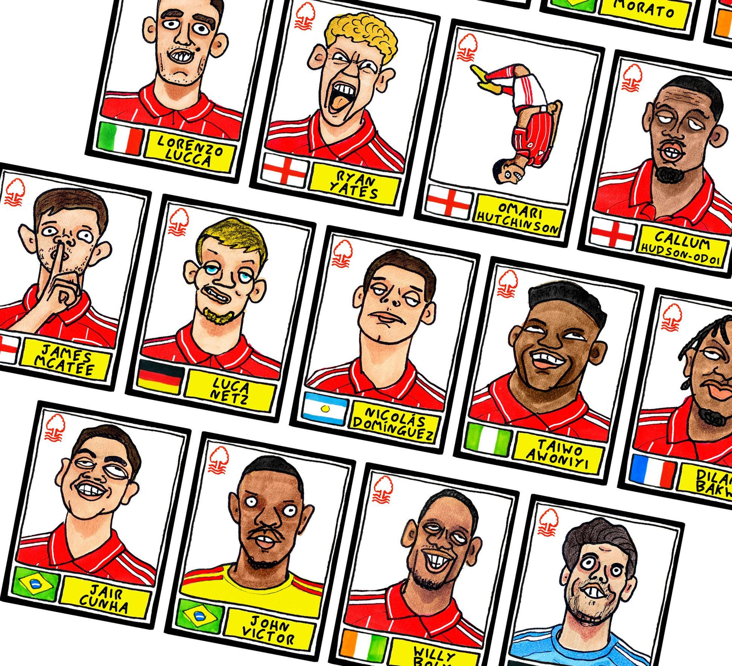 Nottingham Forest Vol 6 - No Score Draw City Ground 25/26 Edition - A3 print of 27 Wonky Hand-Drawn Panini-doodles of NFFC's 25/26 Squad