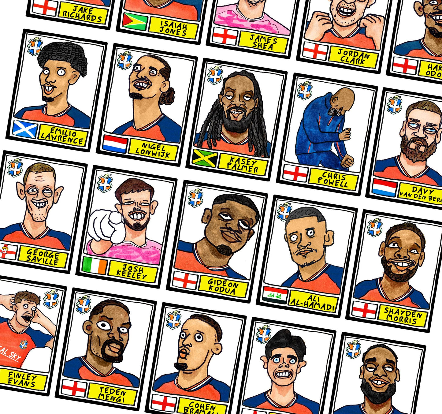 Luton Town Vol 4 - No Score Draws 'El Hattico' Edition - A3 print of 26 Wonky Panini-style Doodles of LTFC's 25/26 Wembley Winners