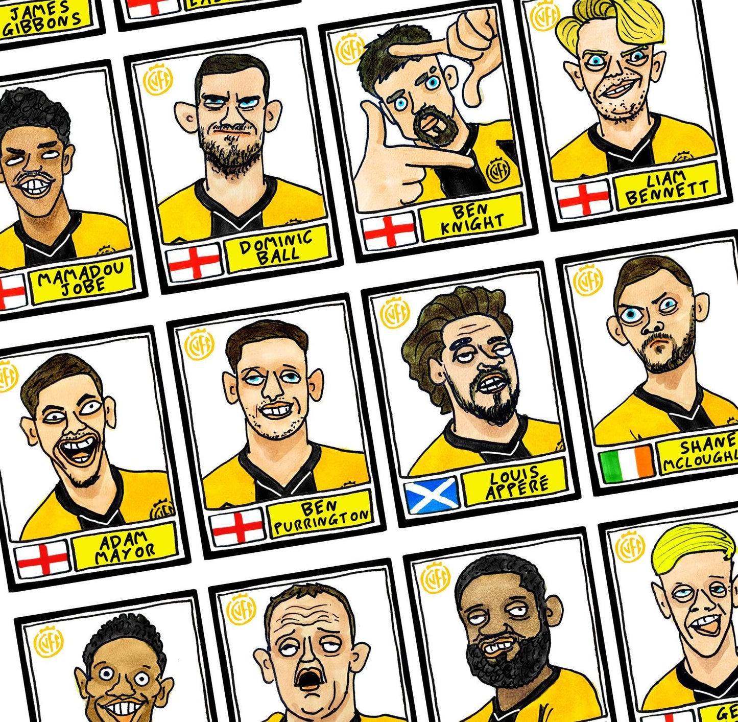 Cambridge Utd Vol 2 - No Score Draws U's Going Up Edition - A3 print of 24 Wonky Panini-Style Doodles Of CUFC's 25/26 Promotion-Winning Side