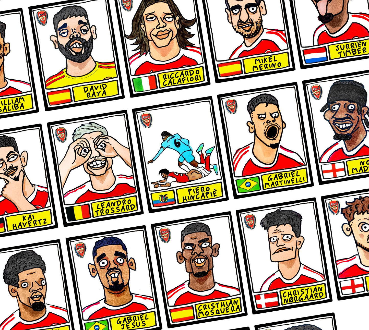 Arsenal Vol 5 - No Score Draws Gunners 25/26 Edition - A3 print of 26 hand-drawn Panini-style wonky doodles of Arteta's Arsenal 25/26 Team