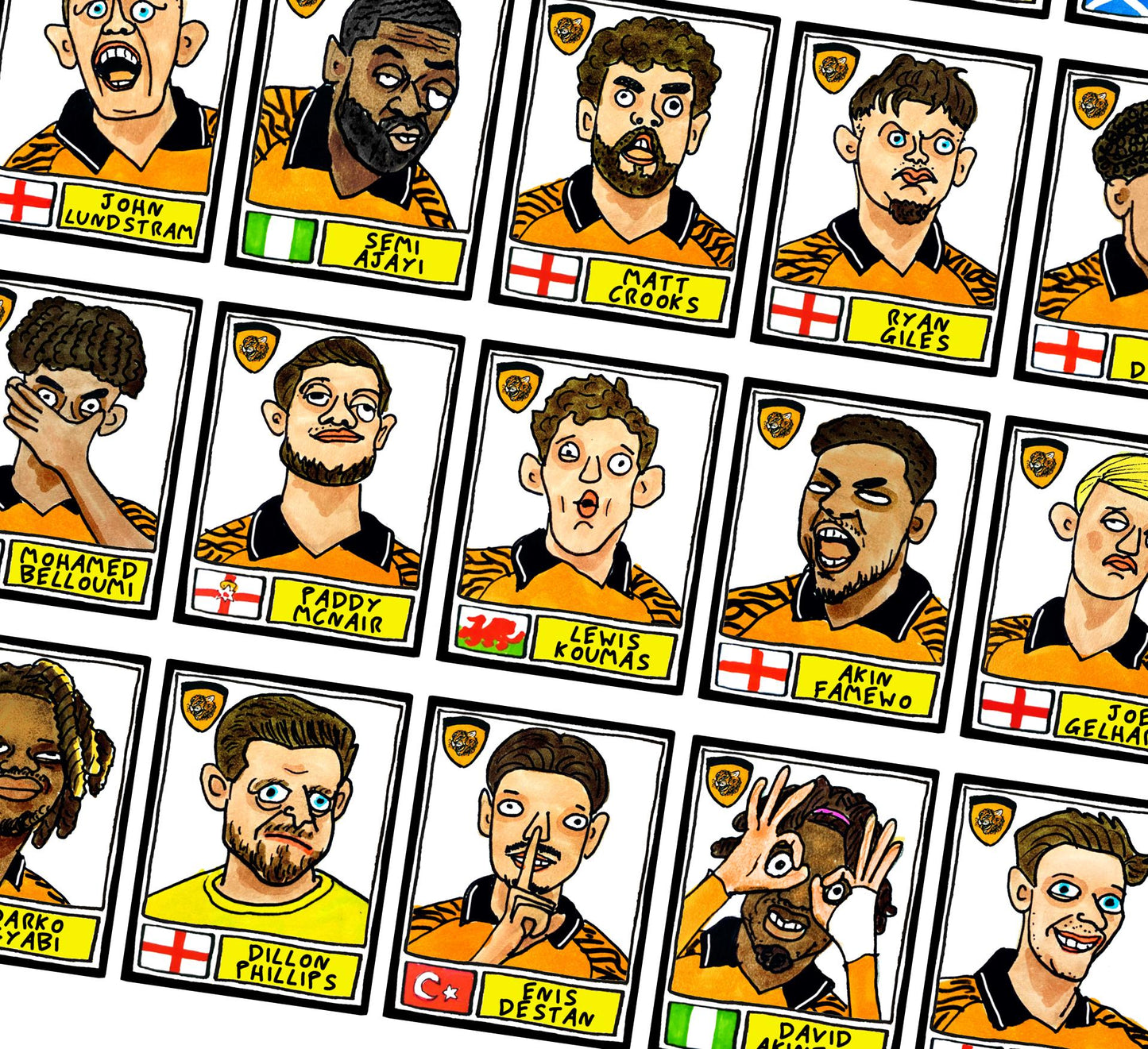 Hull City Vol 3 - No Score Draws Tigers 25/26 Edition - A3 print of 25 Wonky Panini-style football doodles of HCAFC's Promotion-Winning Side
