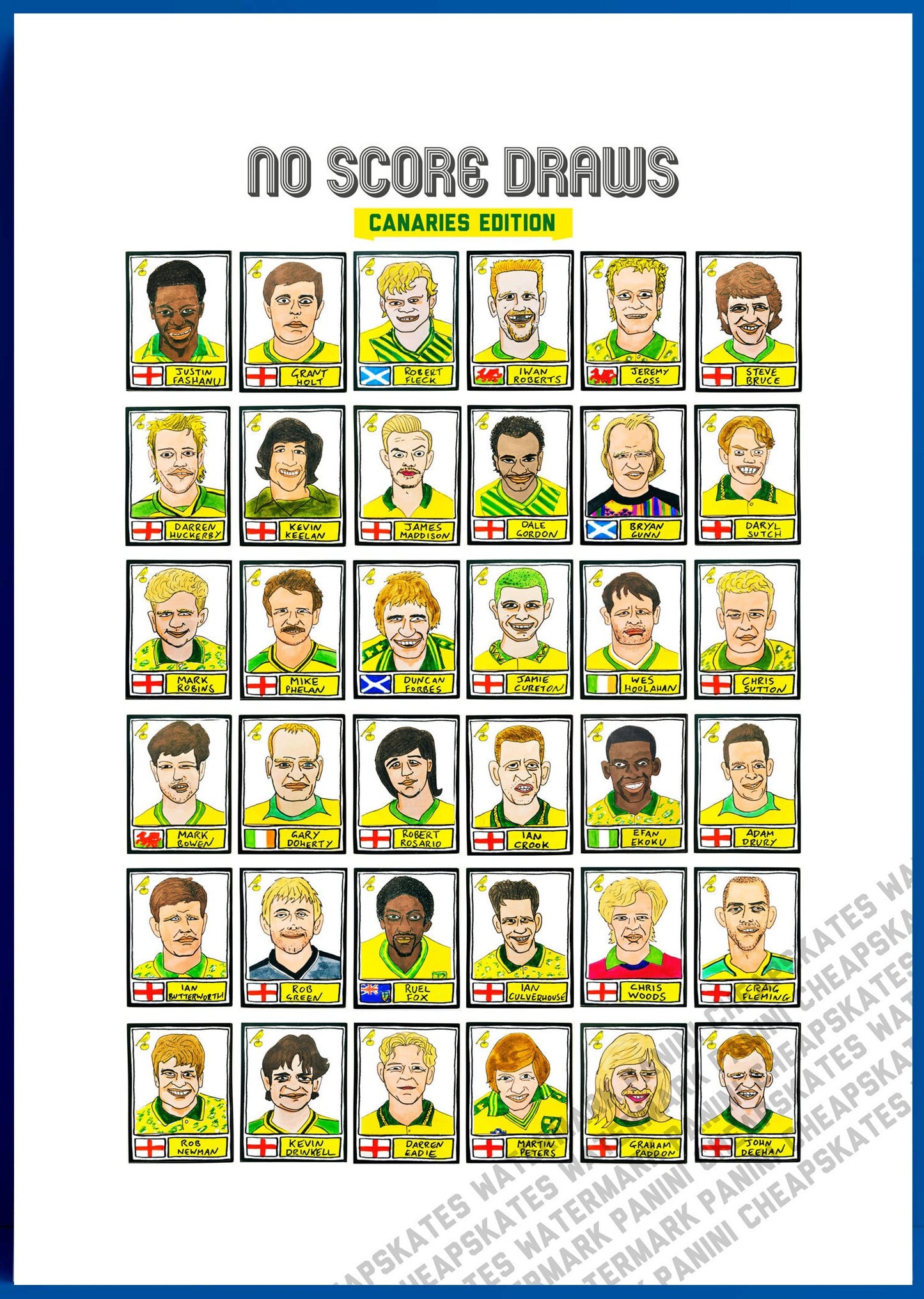 Norwich City Vol 1 - No Score Draws Canaries Edition - A3 print of 36 hand-drawn Panini-style football sticker legends - wonky football art