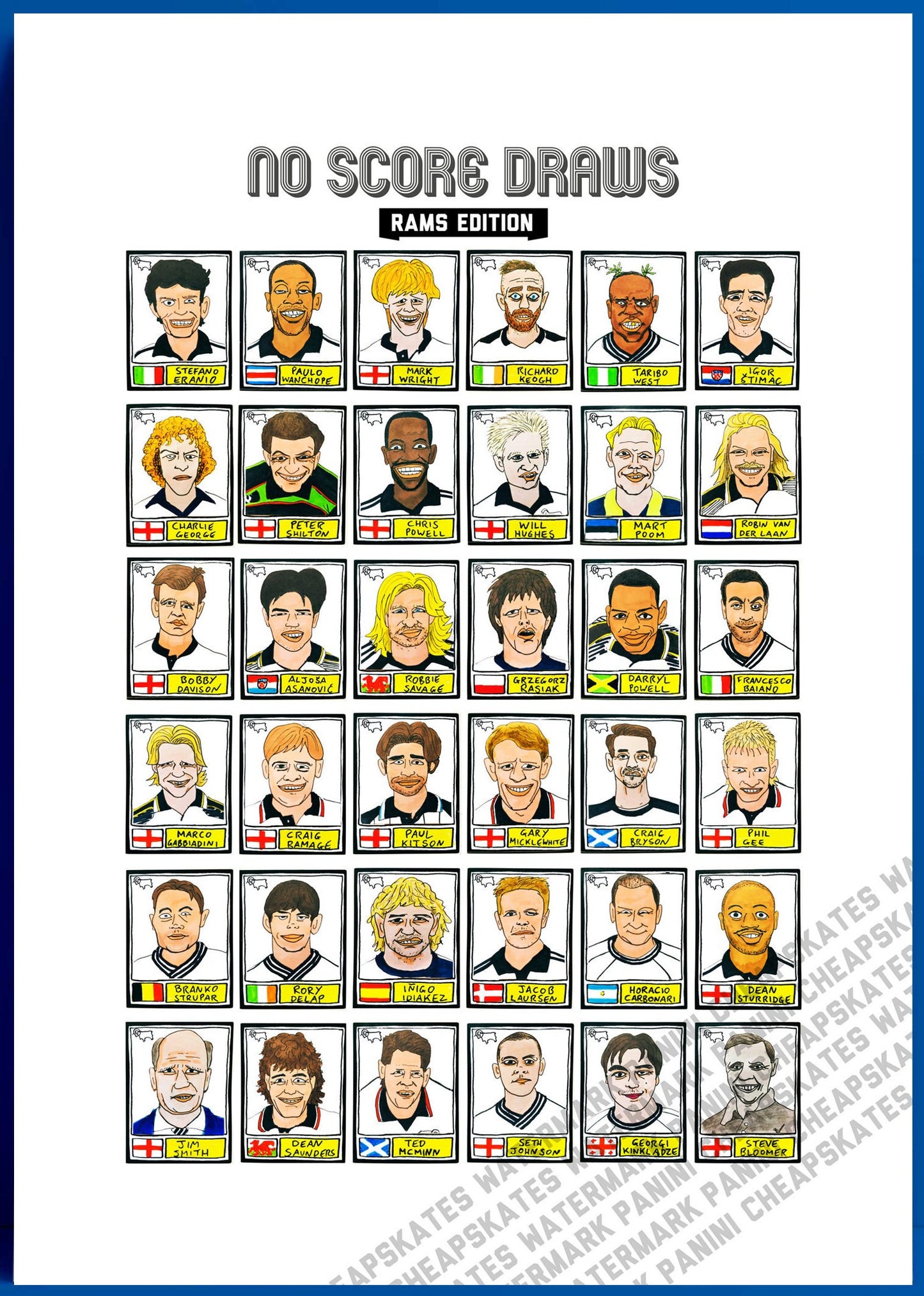 Derby County Vol 2 - No Score Draws Rams Edition - A3 print of 36 hand-drawn Panini-sticker-style Derby County icons from down the years