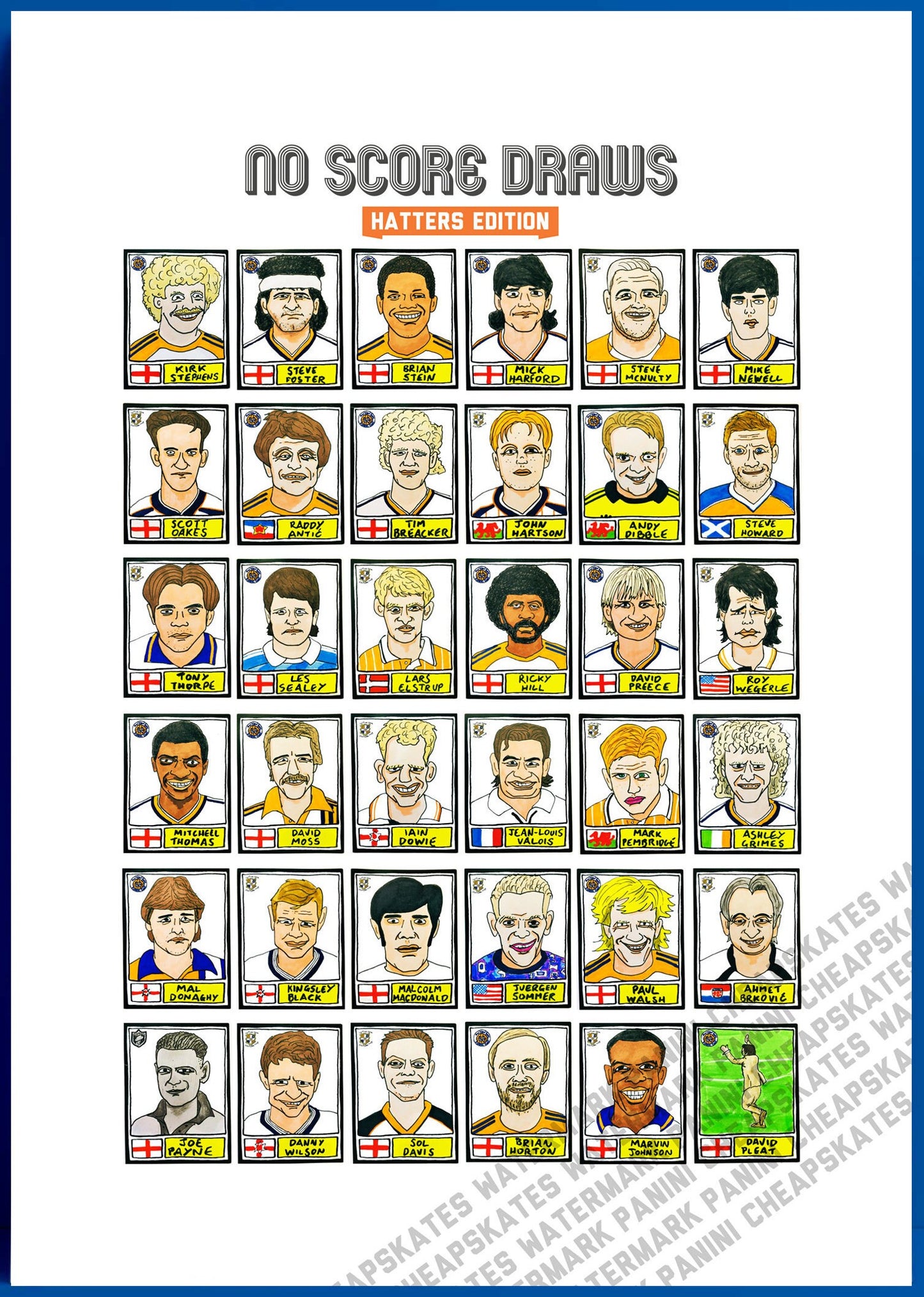 Luton Town - No Score Draws Hatters Edition - A3 print of 36 hand-drawn Panini-sticker-style Luton Town icons - Cheapskate football art