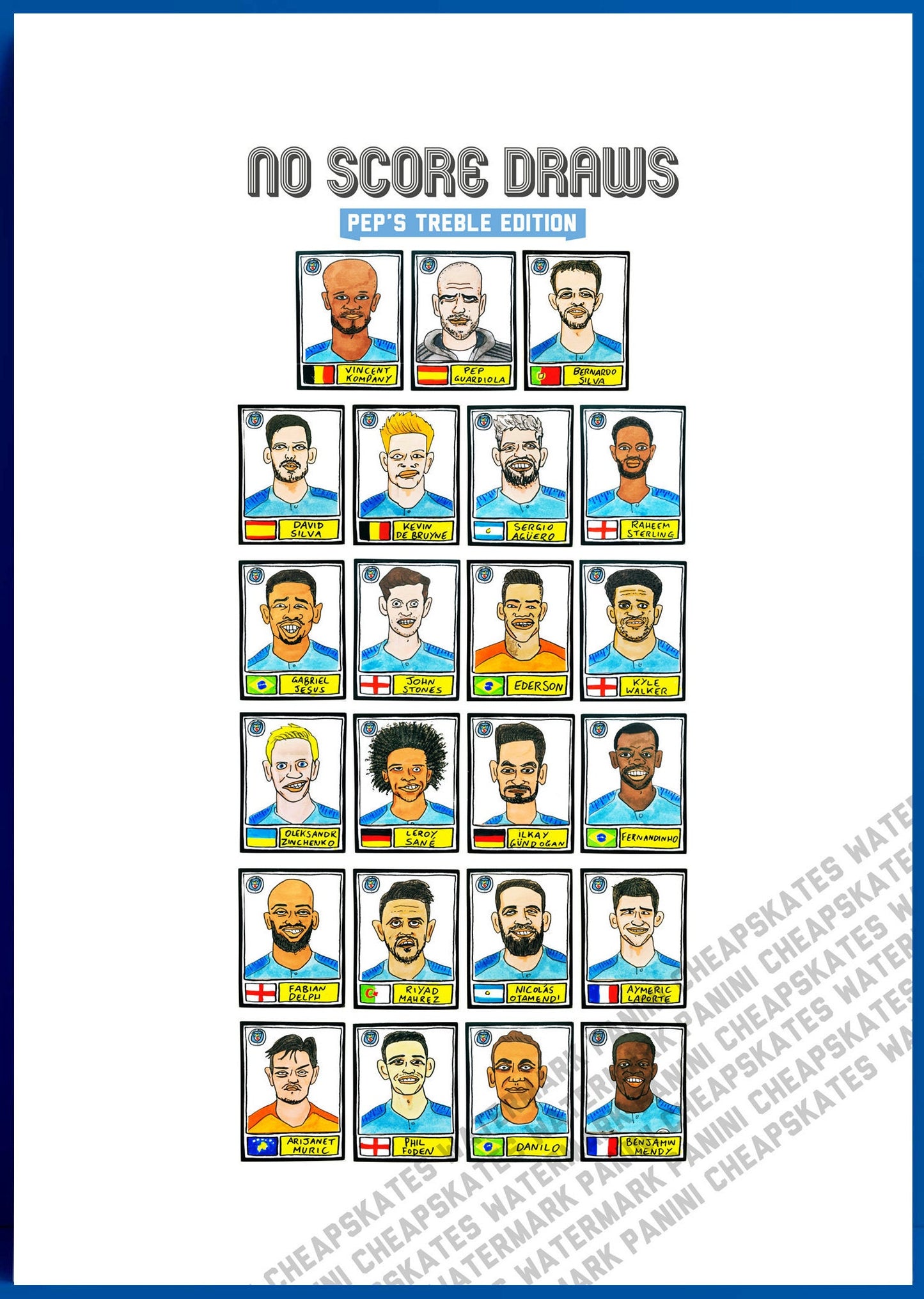 Man City Volume 1 - No Score Draws Pep's Treble Edition - A3 print of 23 hand-drawn Panini-style footy stickers of City's 18-19 Treble squad