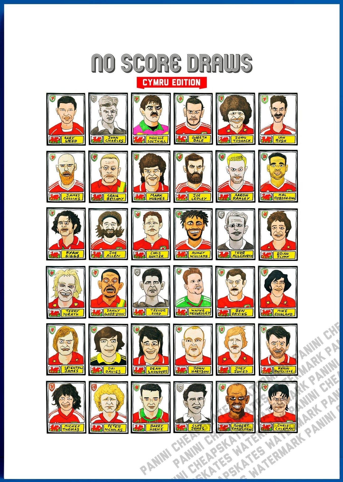 Wales - No Score Draws Cymru Edition - A3 print of 36 hand-drawn Panini-style Wales football icons - Cheapskate footy art