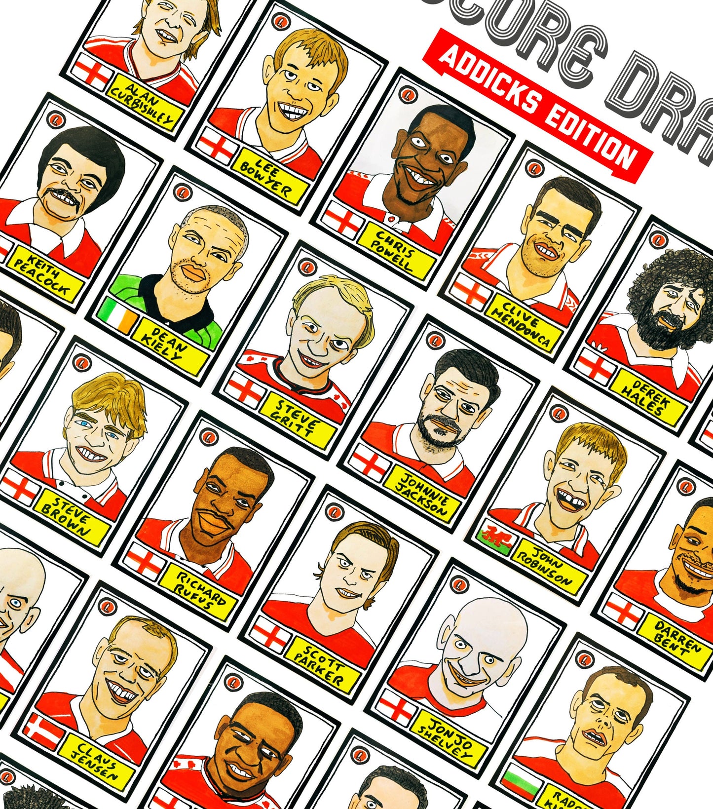 Charlton Athletic - No Score Draws Addicks Edition - A3 print of 36 hand-drawn Panini-sticker-style CAFC icons - Cheapskate football art