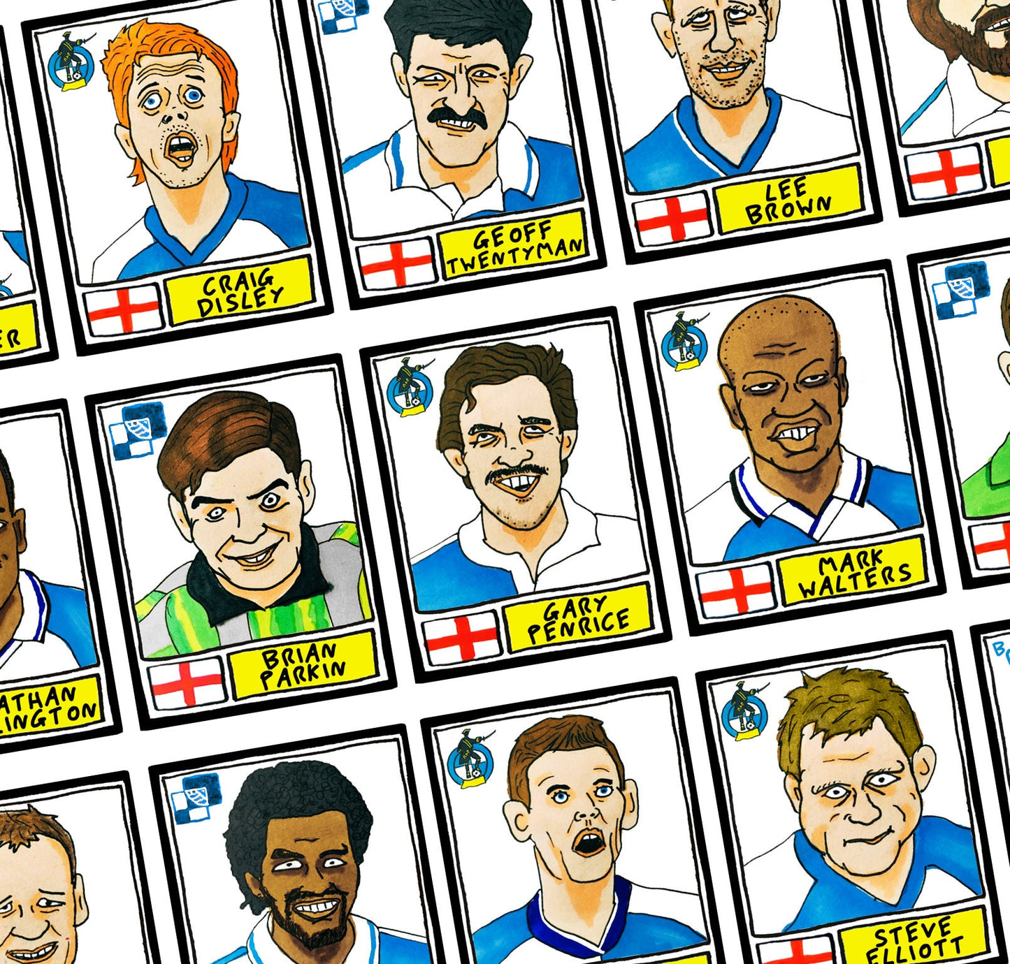 Bristol Rovers - No Score Draws Gas Edition - A3 print of 36 hand-drawn Panini-sticker-style BRFC icons - Cheapskate football art