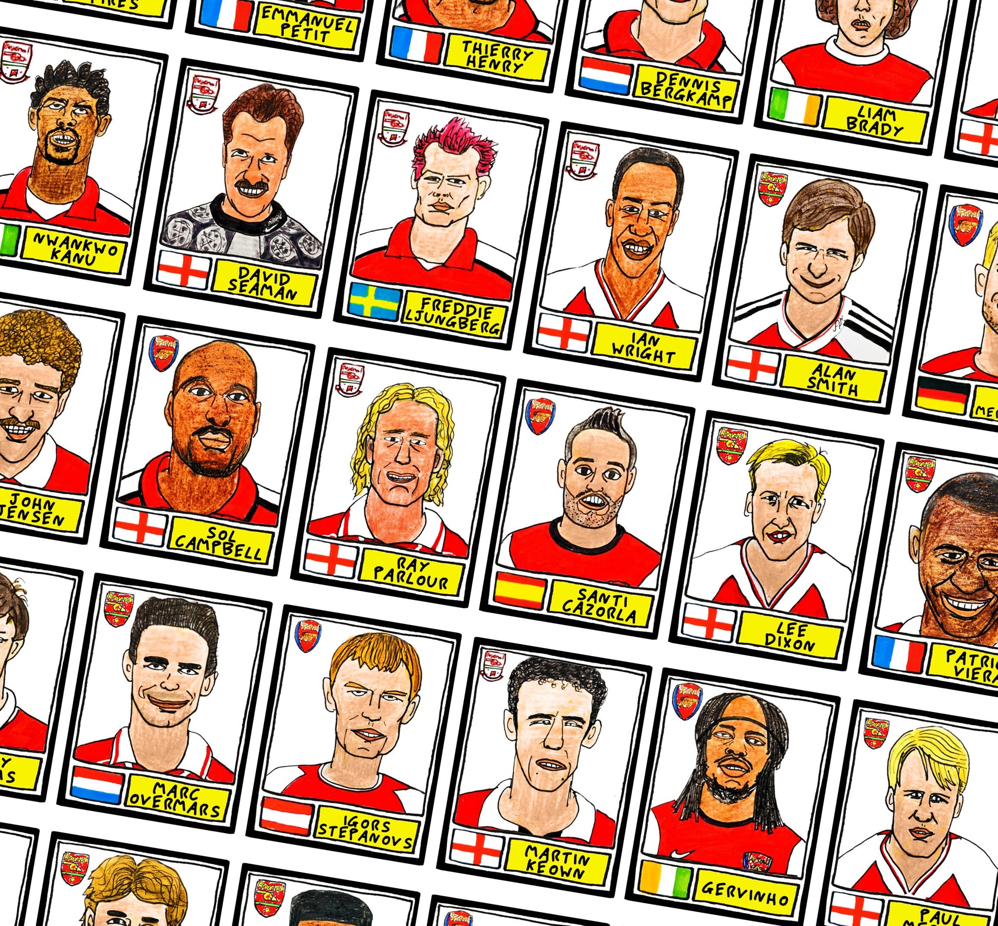 Arsenal Volume 1 - No Score Draws Gunners Edition - A3 print of 36 hand-drawn Panini-style football sticker icons -Cheapskate football art