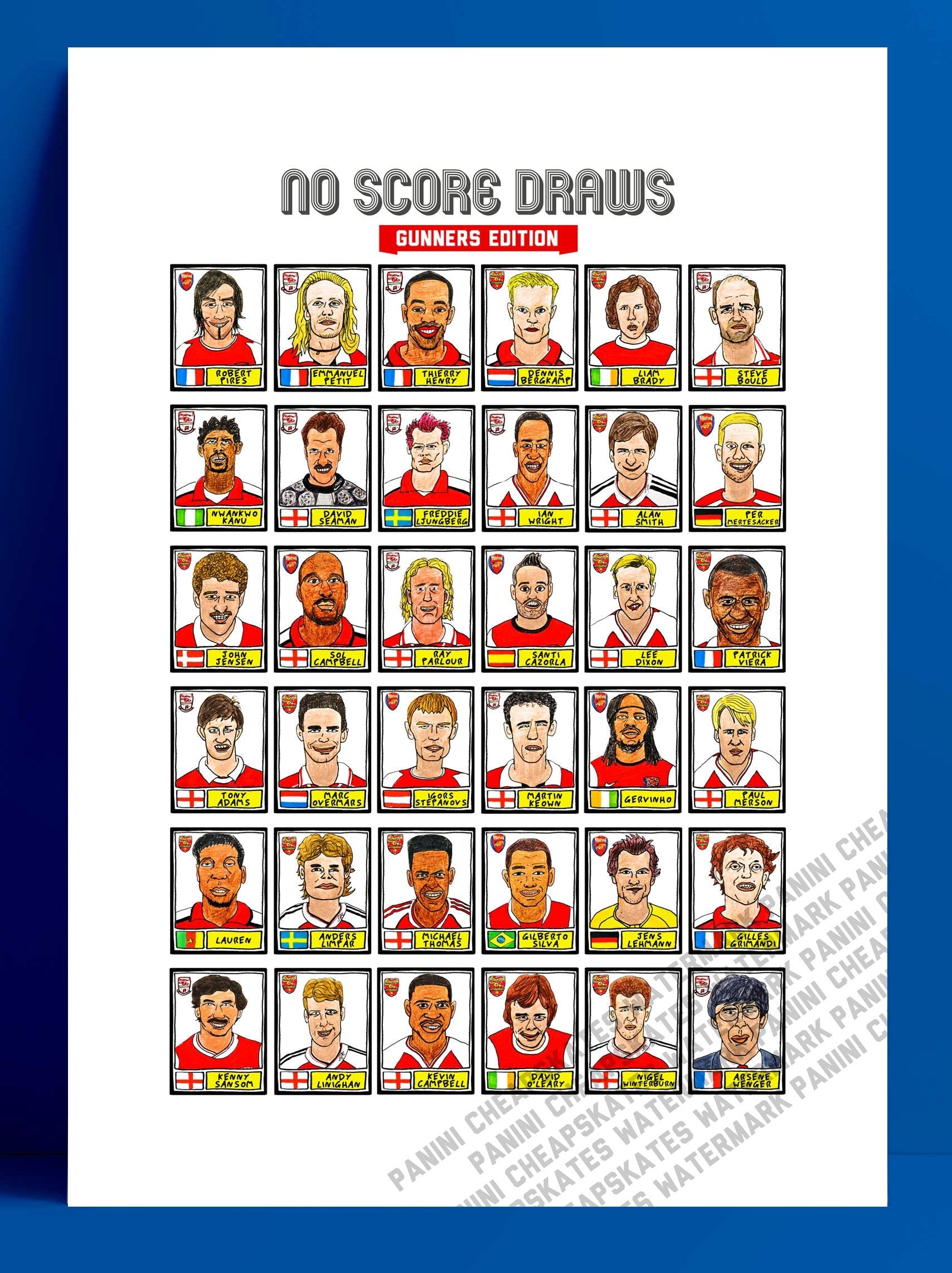 Arsenal Volume 1 - No Score Draws Gunners Edition - A3 print of 36 hand-drawn Panini-style football sticker icons -Cheapskate football art