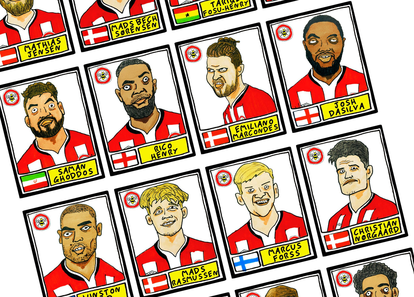 Brentford Vol 2 - No Score Draws Bees Going Up Edition - A3 print of 24 hand-drawn Panini-style Brentford 20-21 playoff-winners - wonky art