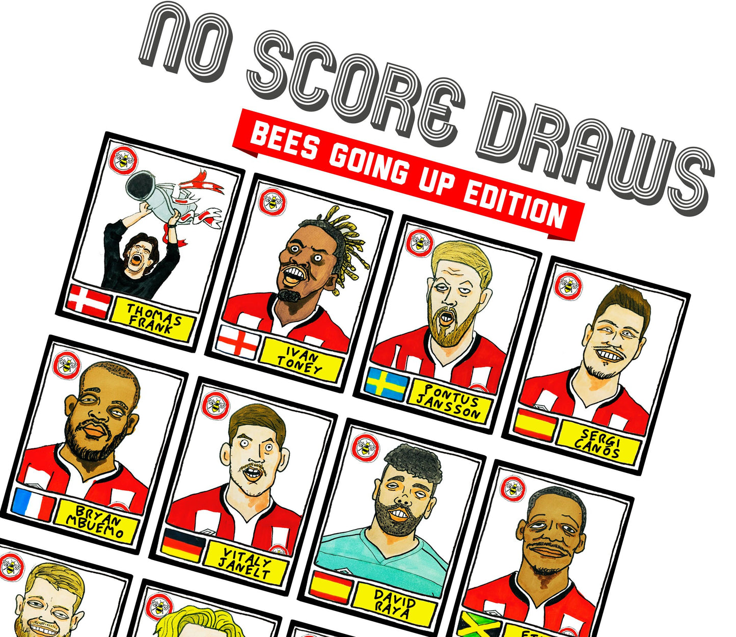 Brentford Vol 2 - No Score Draws Bees Going Up Edition - A3 print of 24 hand-drawn Panini-style Brentford 20-21 playoff-winners - wonky art