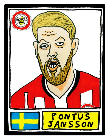 Brentford Vol 2 - No Score Draws Bees Going Up Edition - A3 print of 24 hand-drawn Panini-style Brentford 20-21 playoff-winners - wonky art