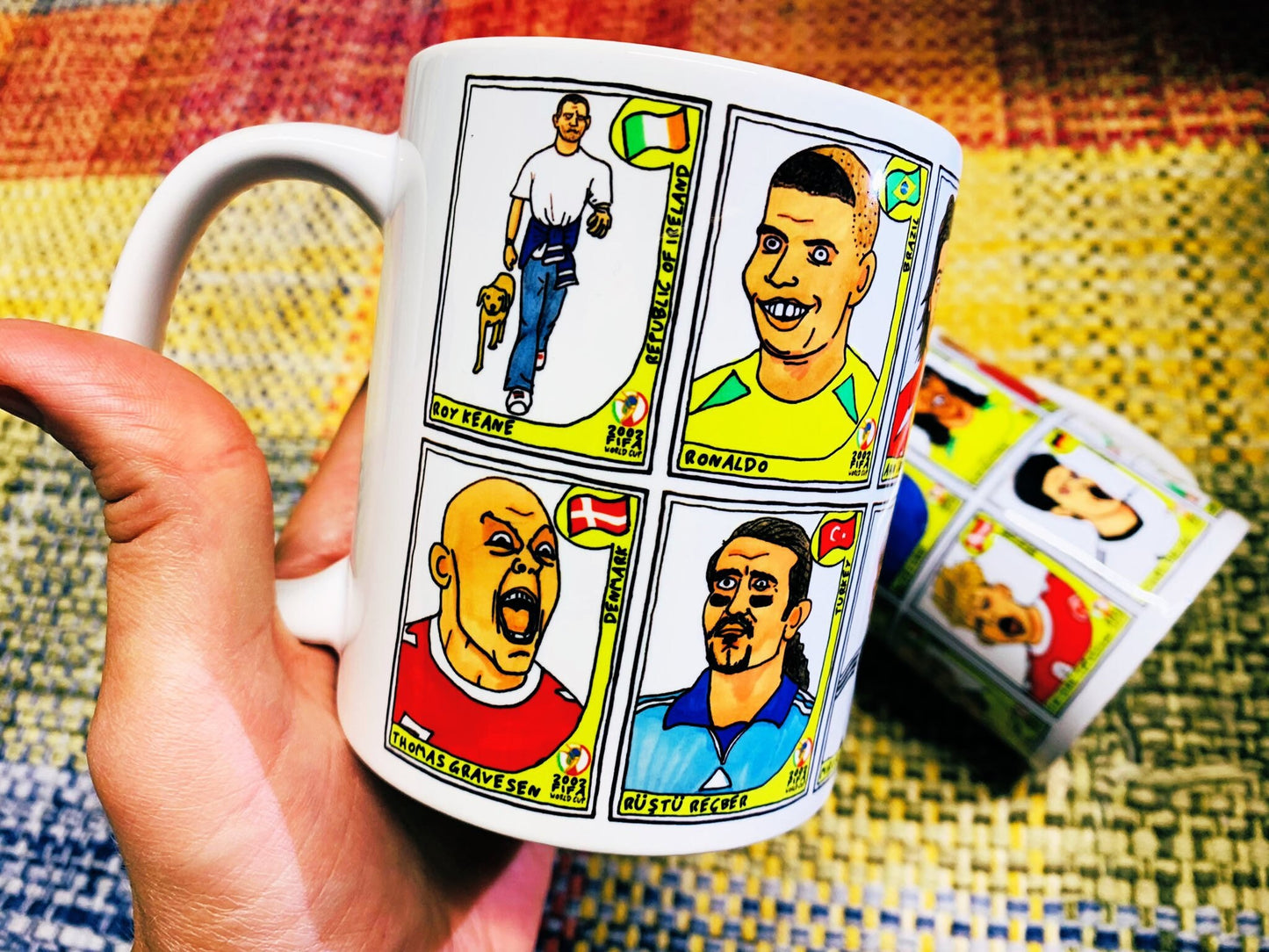 World Cup 2002 No Score Draws Mug Set - Set of TWO 11oz Ceramic Mugs with Wonky Panini sticker-style World Cup 2002 No Score Draws Doodles