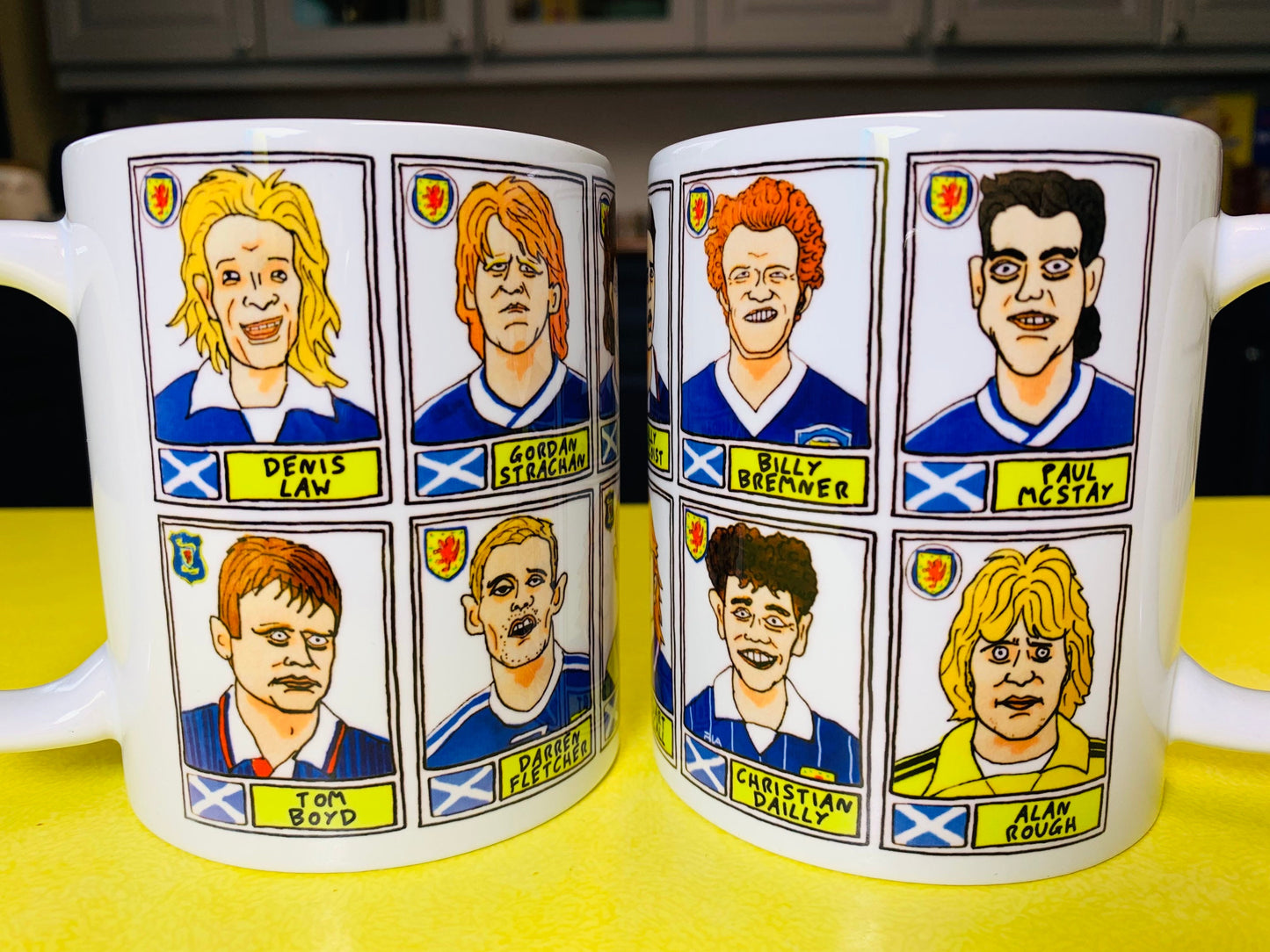 Scotland No Score Draws Mug Set - Set of TWO 11oz Ceramic Mugs with Wonky Panini-style No Score Draws Doodles of 24 Scottish Fitba icons
