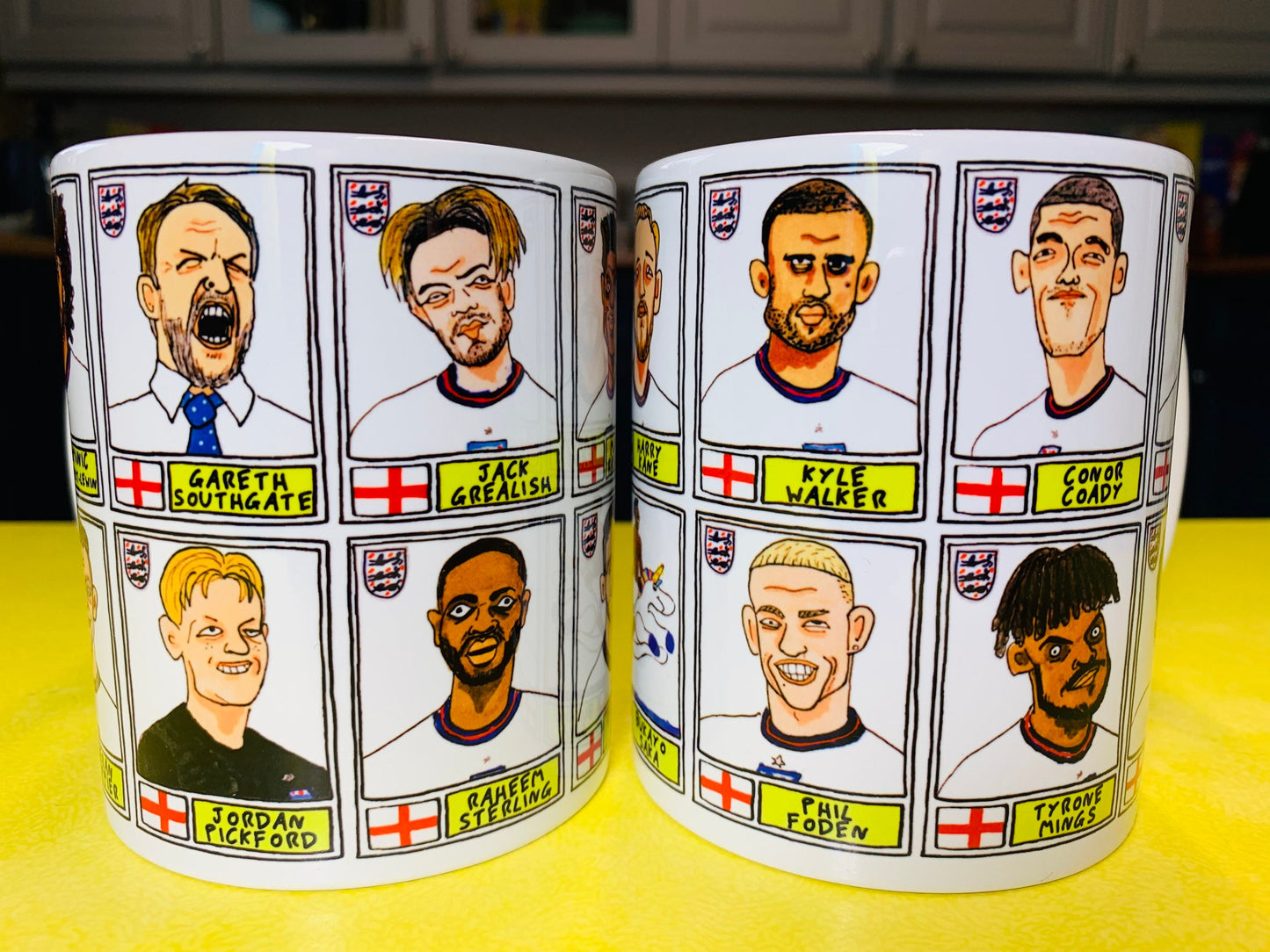 England Vol 2 No Score Draws It's Coming Home Mug Set - Set of TWO 11oz Ceramic Mugs with Panini-style doodles of England's Euro2020 Heroes