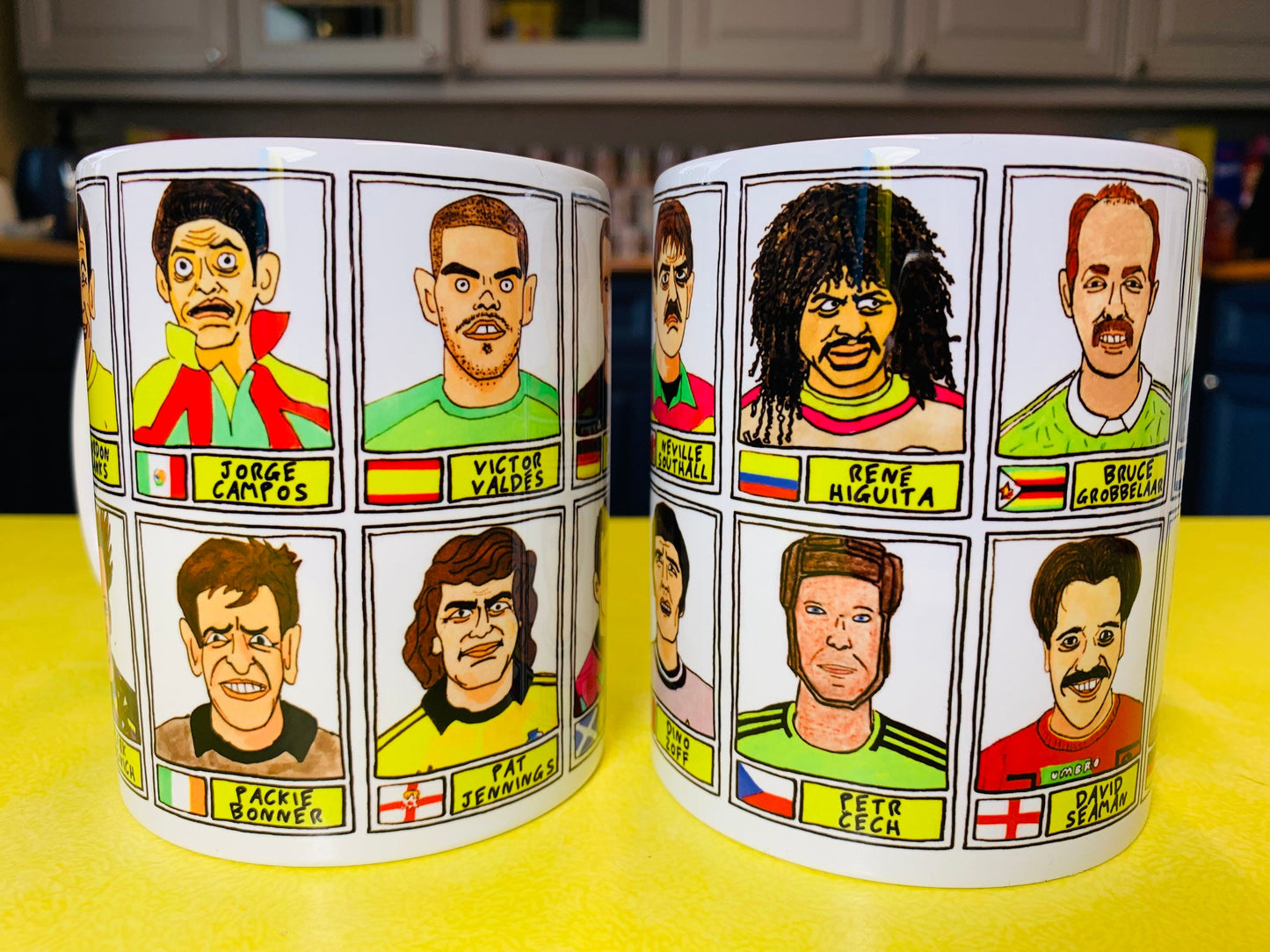 Goalkeeping Icons No Score Draws Mug Set - Set of TWO 11oz Ceramic Mugs with Wonky Panini sticker-style No Score Draws Doodles of GK icons