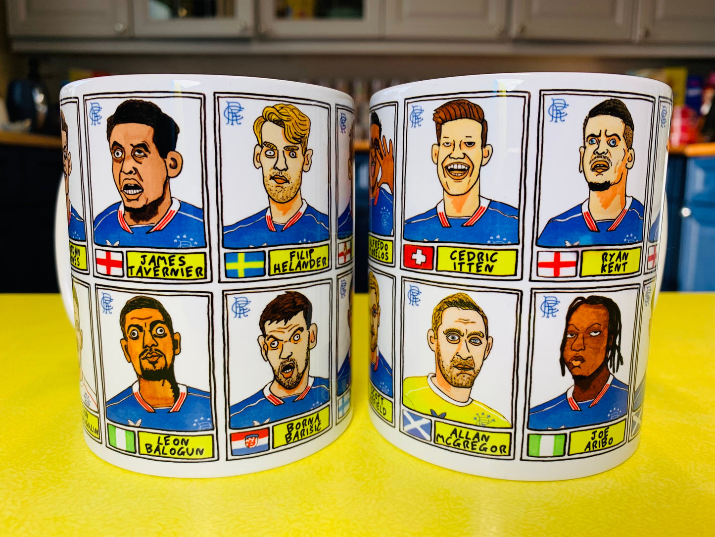 Rangers Volume 2 No Score Draws Mug Set - Set of TWO 11oz Ceramic Mugs with Wonky Panini sticker-style doodles of Rangers 20-21 SPL Champs