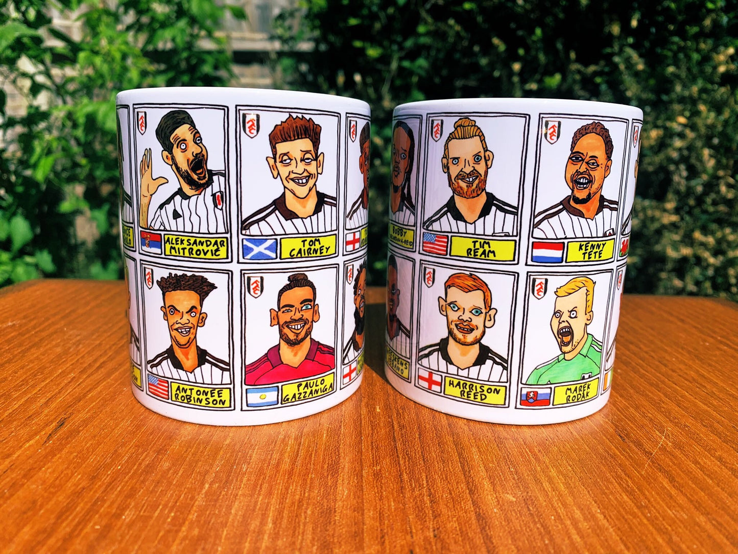 Fulham Volume 2 No Score Draws Mug Set - Set of TWO 11oz Ceramic Mugs with Wonky Panini sticker-style Doodles of FFC's 21-22 Title-Winners
