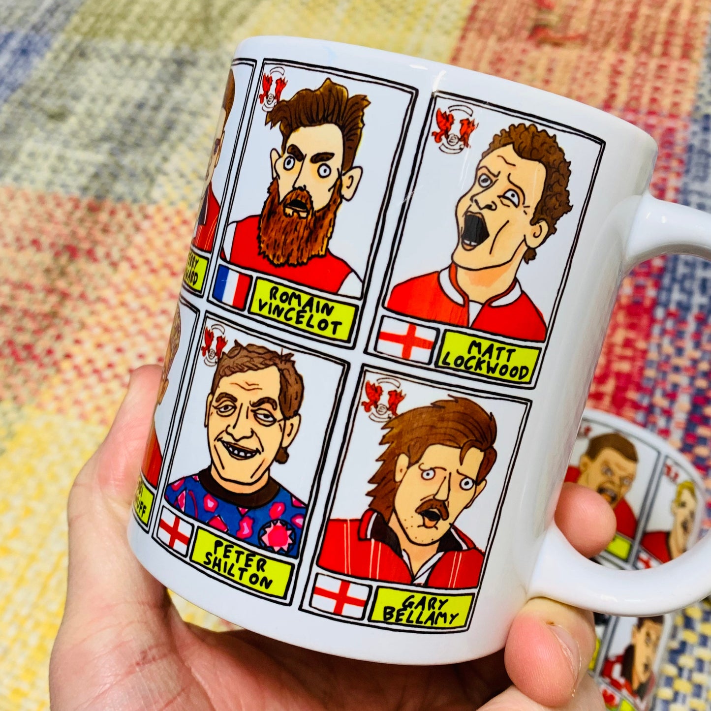 Leyton Orient No Score Draws Mug Set - Set of TWO 11oz Ceramic Mugs with Wonky Panini sticker-style doodles of 24 LOFC O's Football Icons