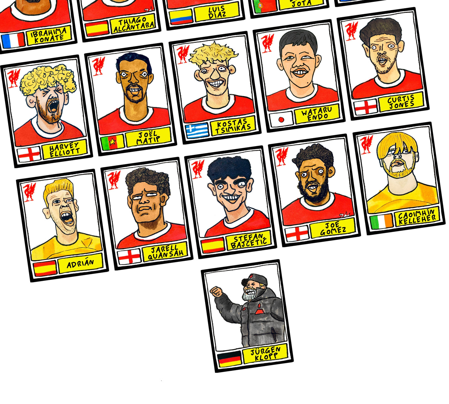 Liverpool Vol 5 - No Score Draws Klopp 23-24 Edition - A3 print of 25 hand-drawn Panini-style Doodles of Jurgen Klopp's LFC 23-24 EPL Squad