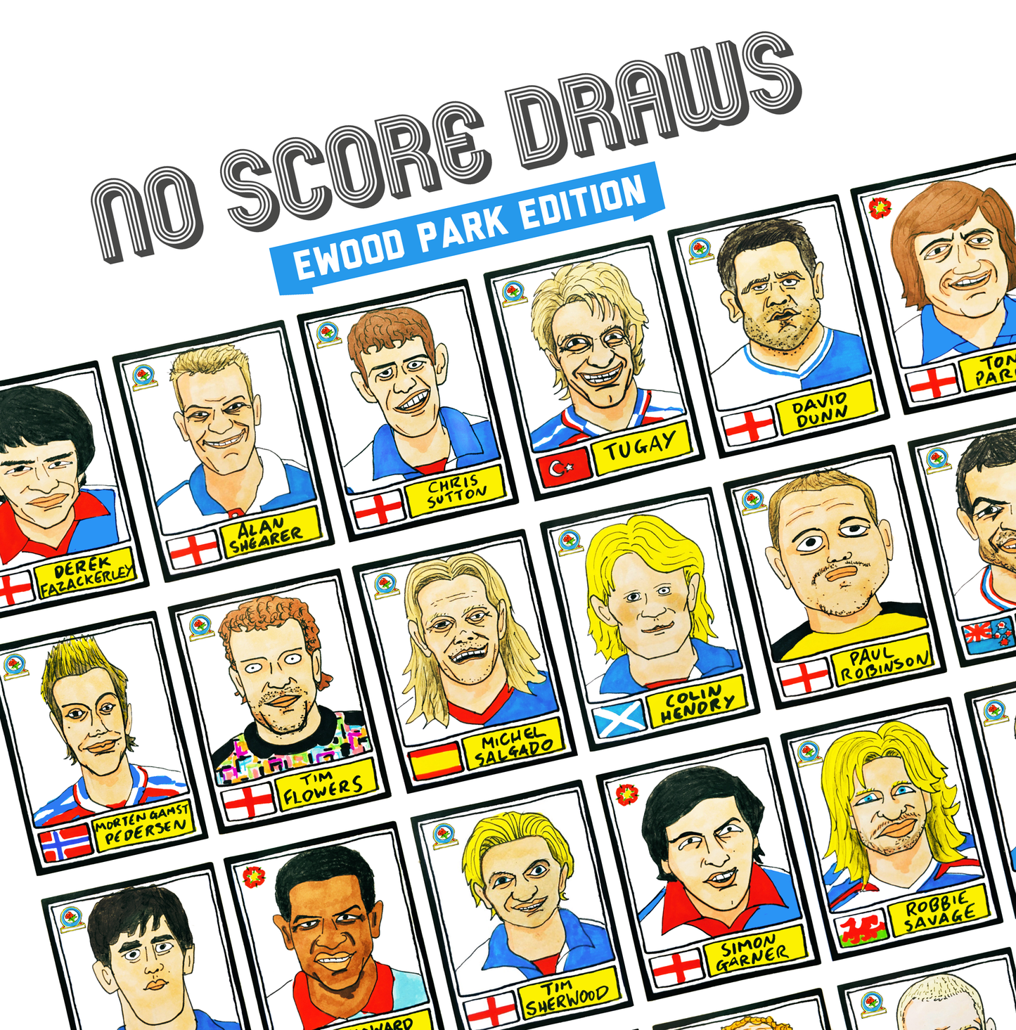 Blackburn Rovers - No Score Draws Ewood Park Edition - A3 print of 36 hand-drawn Panini-sticker-style BRFC icons - Cheapskate football art