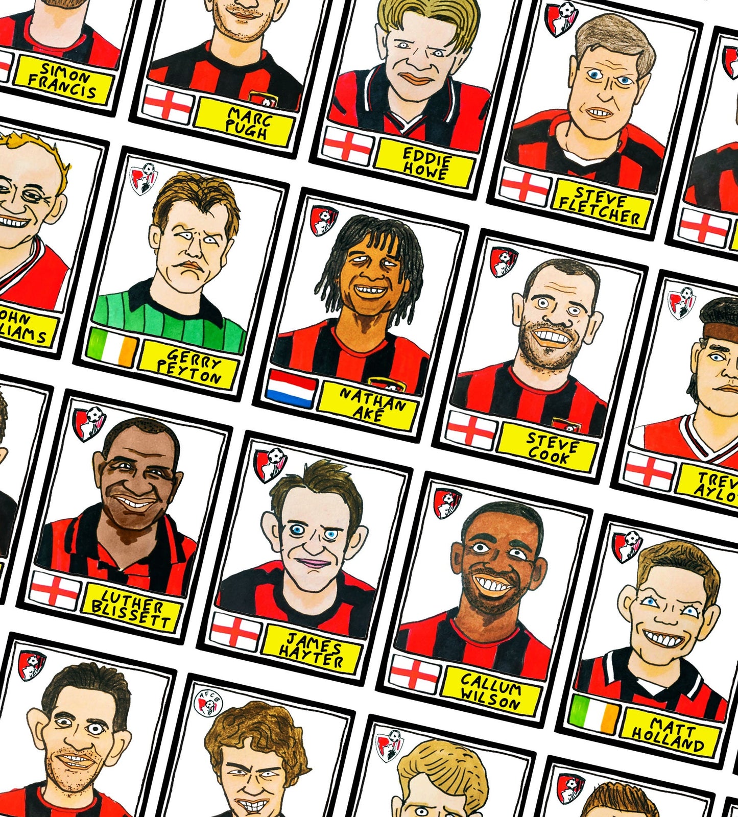 Bournemouth - No Score Draws Cherries Edition - A3 print of 36 hand-drawn Panini-style AFCB football legends - Cheapskate football art