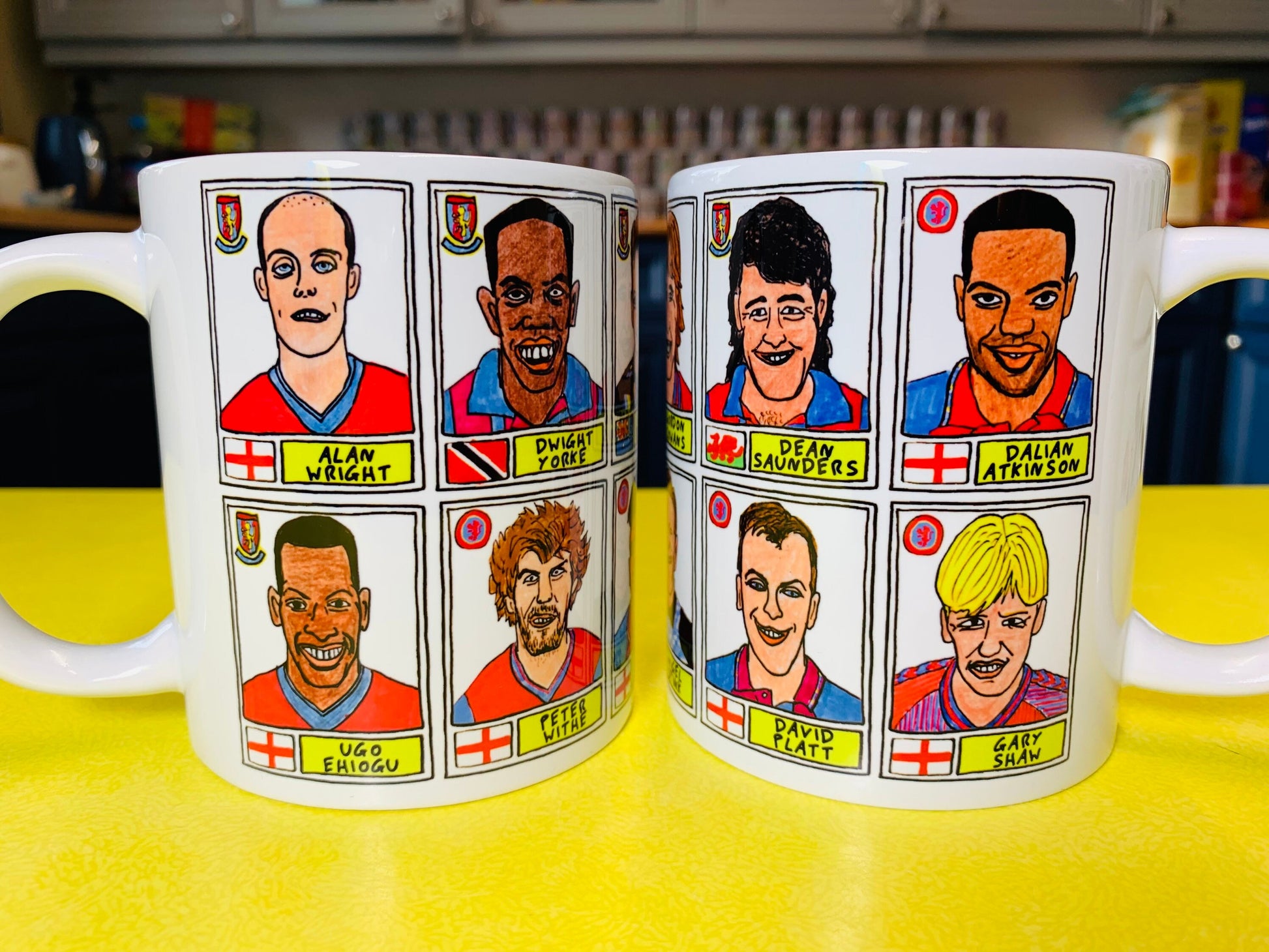 Aston Villa No Score Draws Mug Set - Set of TWO 11oz Ceramic Mugs with Wonky Panini sticker-style AVFC Villains No Score Draws Doodles