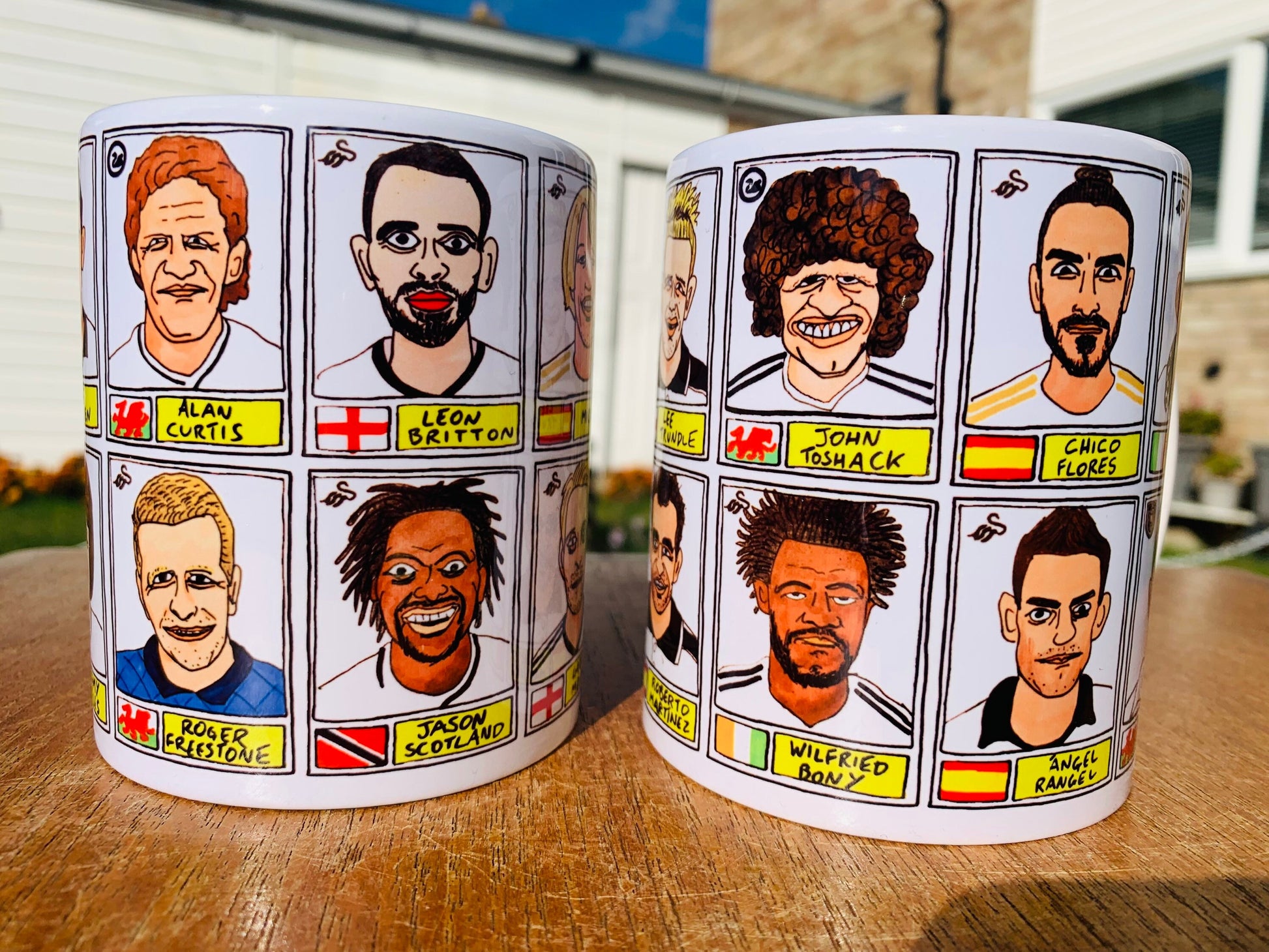 Swansea City No Score Draws Mug Set - Set of TWO 11oz Ceramic Mugs with Wonky Panini sticker-style No Score Draws Doodles of 24 Swans icons