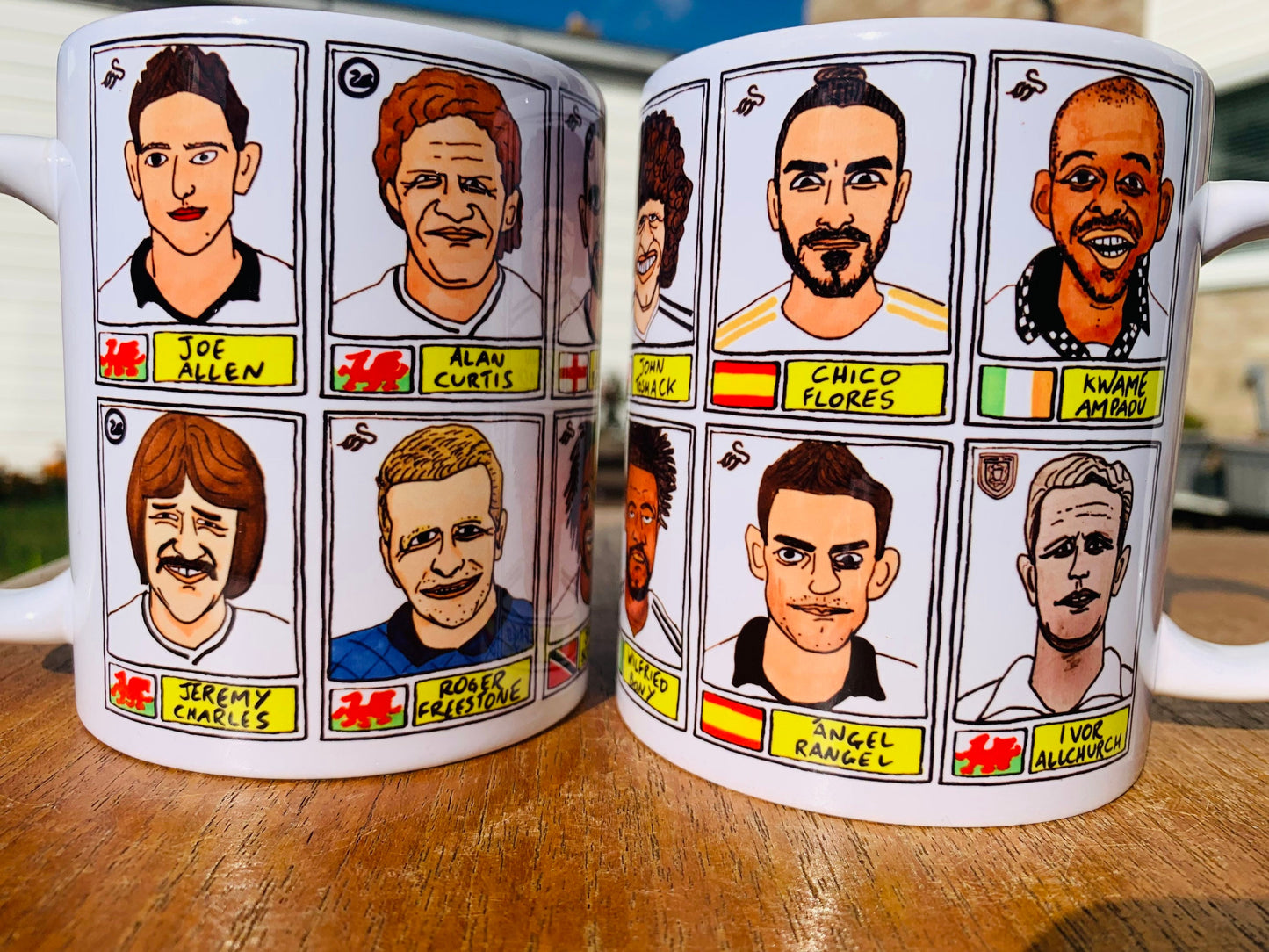 Swansea City No Score Draws Mug Set - Set of TWO 11oz Ceramic Mugs with Wonky Panini sticker-style No Score Draws Doodles of 24 Swans icons