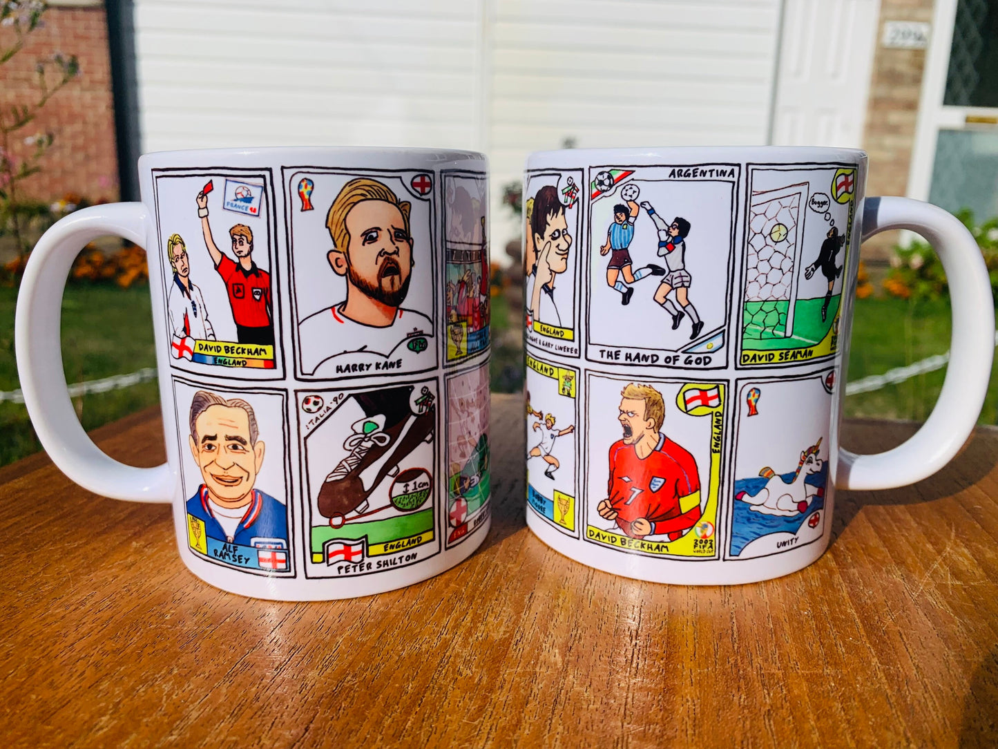 England Vol 3 No Score Draws England At The World Cup Mug Set - Set of TWO 11oz Ceramic Mugs with Panini-style doodles of England WC History