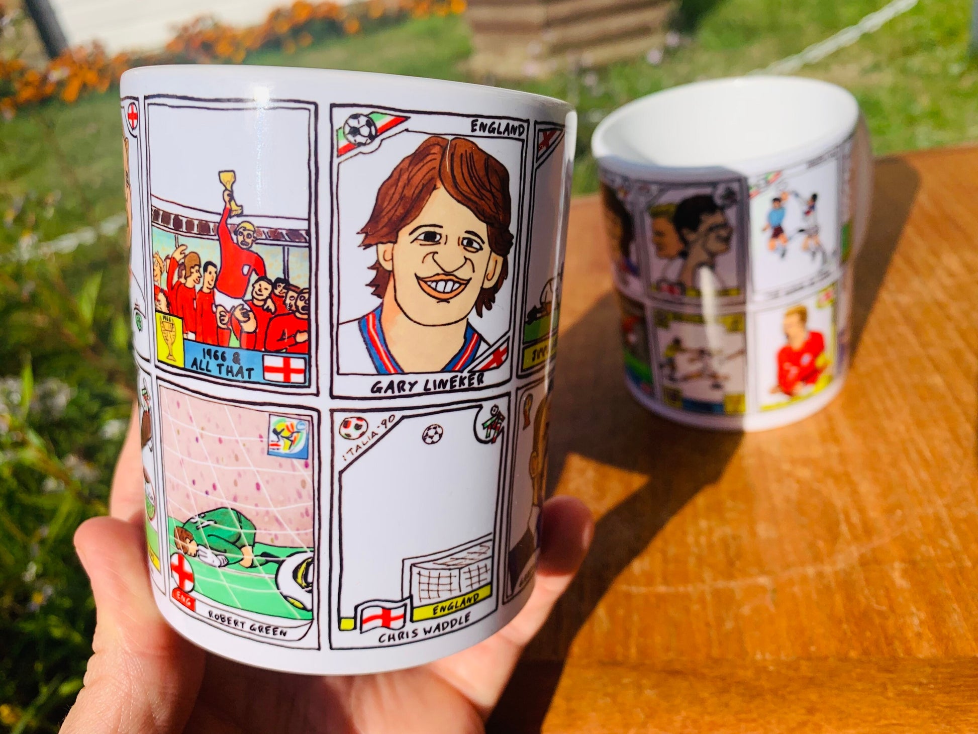 England Vol 3 No Score Draws England At The World Cup Mug Set - Set of TWO 11oz Ceramic Mugs with Panini-style doodles of England WC History