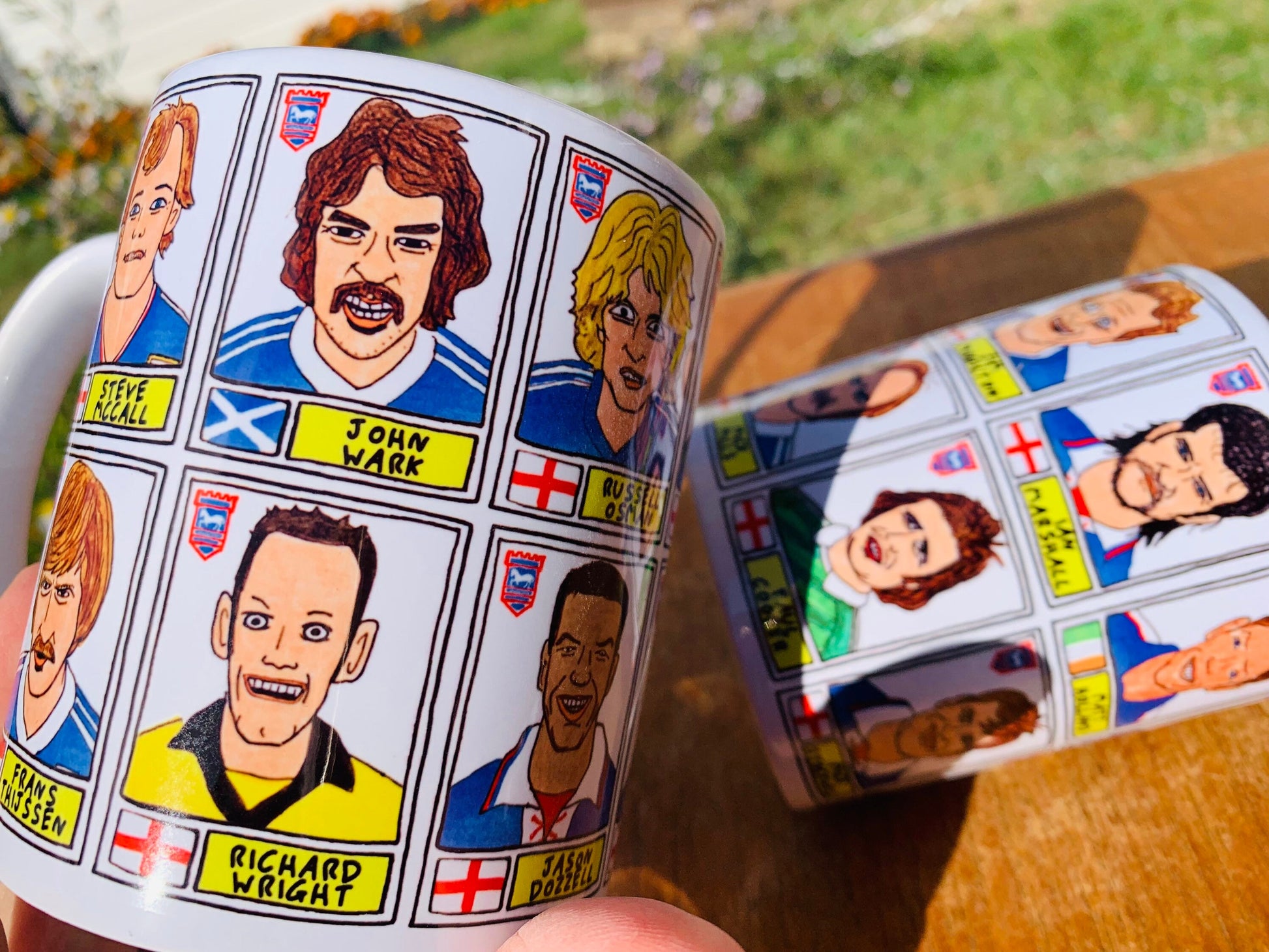 Ipswich Town Mug Set - Set of TWO 11oz Ceramic Mugs with Wonky Panini sticker-style No Score Draws Doodles of 24 ITFC Tractor Boys icons