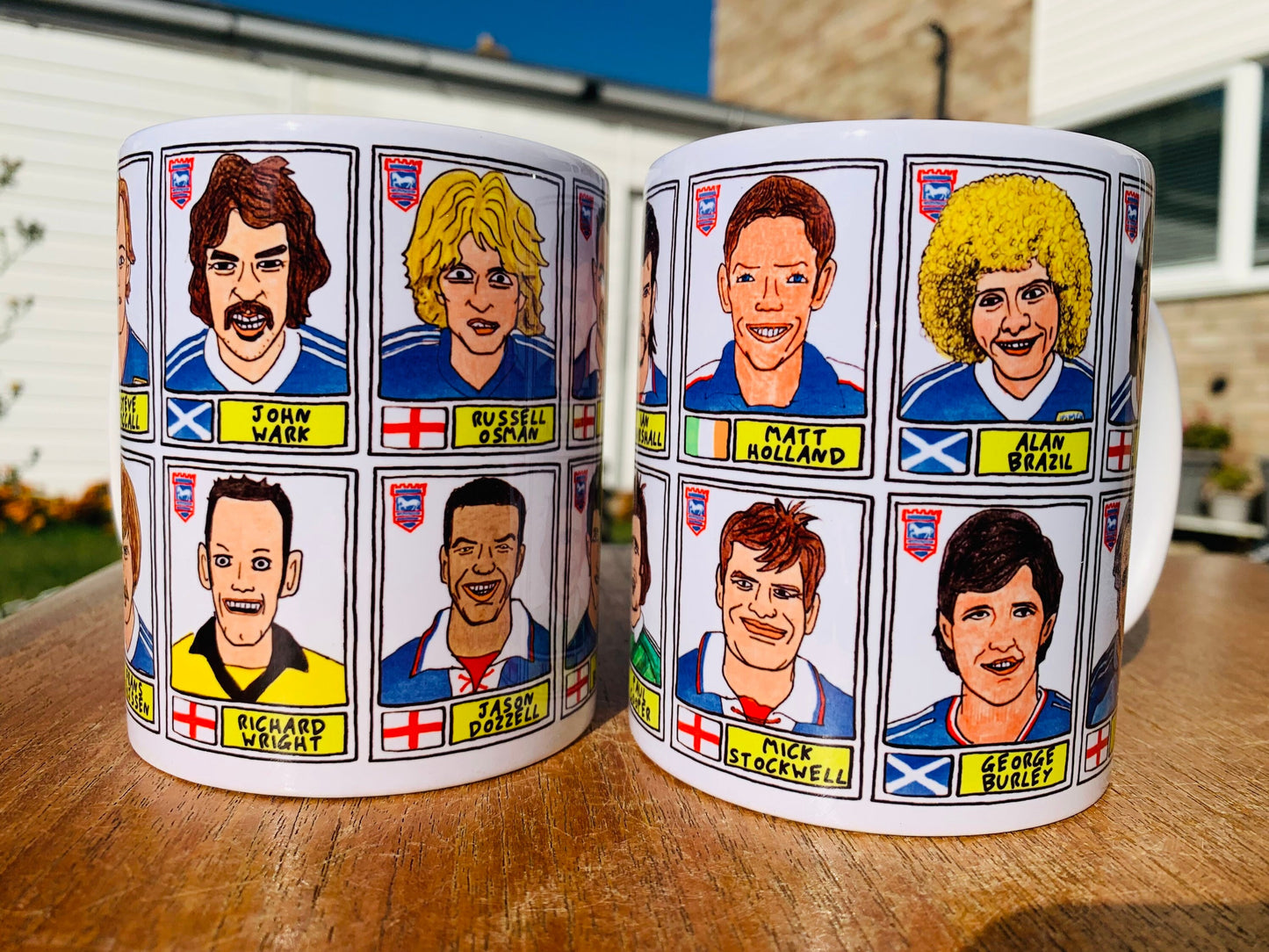 Ipswich Town Mug Set - Set of TWO 11oz Ceramic Mugs with Wonky Panini sticker-style No Score Draws Doodles of 24 ITFC Tractor Boys icons