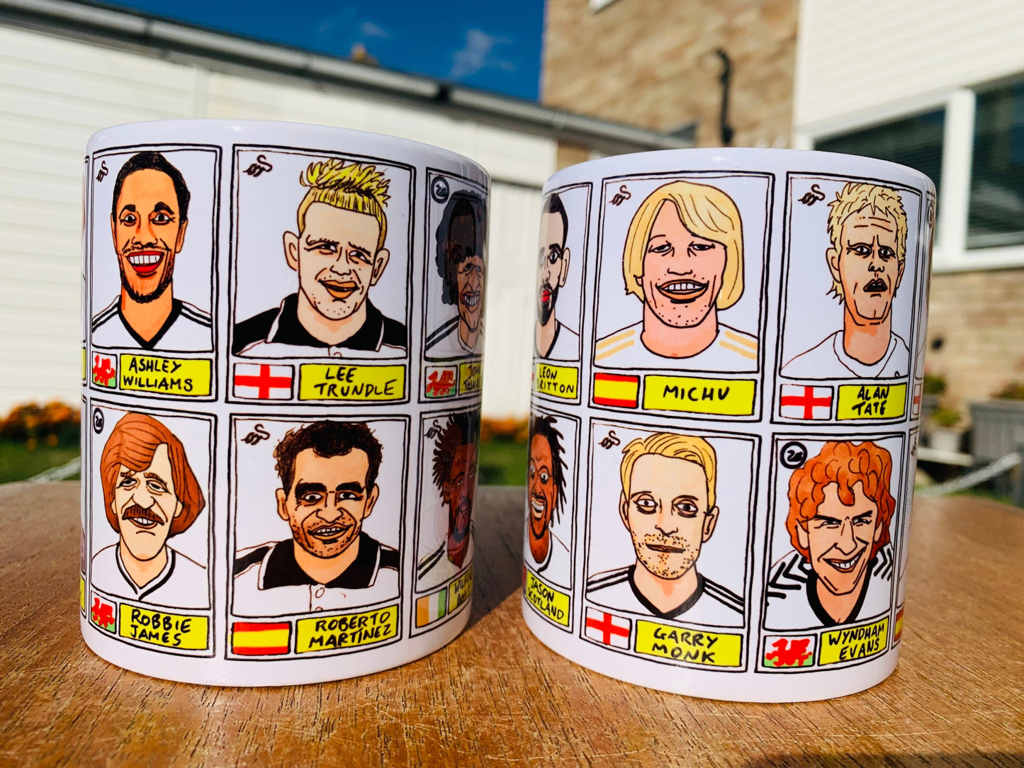 Swansea City No Score Draws Mug Set - Set of TWO 11oz Ceramic Mugs with Wonky Panini sticker-style No Score Draws Doodles of 24 Swans icons