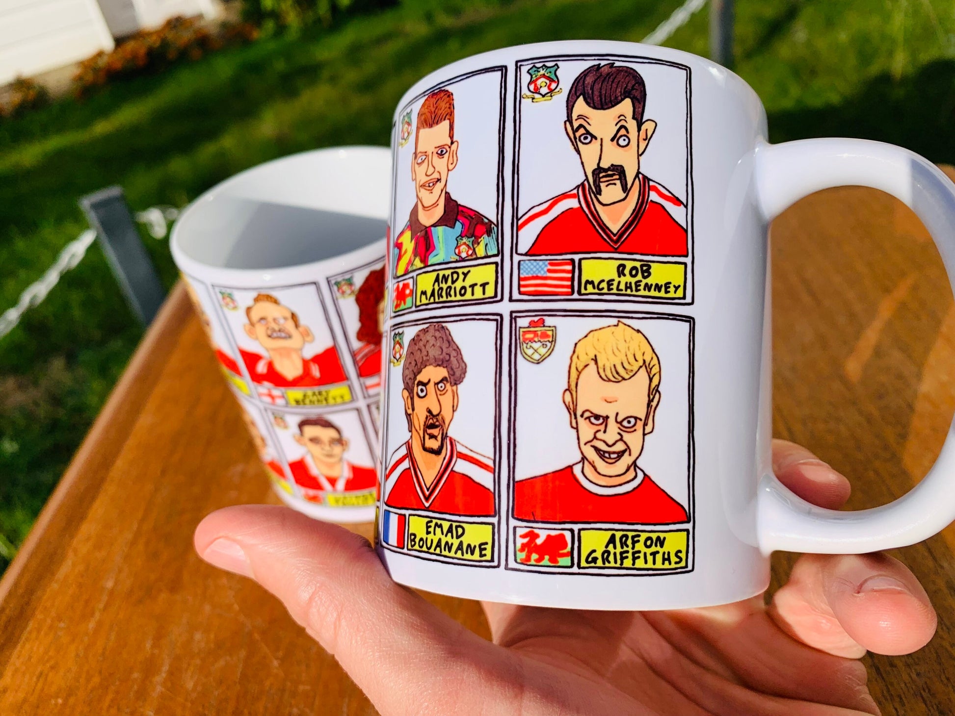 Wrexham No Score Draws Mug Set - Set of TWO 11oz Ceramic Mugs with Wonky Panini sticker-style doodles of Various Wrexham AFC Football Icons