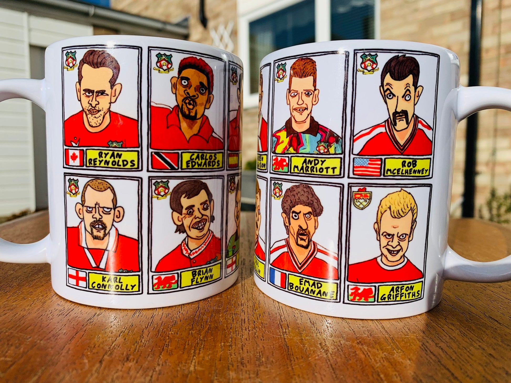 Wrexham No Score Draws Mug Set - Set of TWO 11oz Ceramic Mugs with Wonky Panini sticker-style doodles of Various Wrexham AFC Football Icons