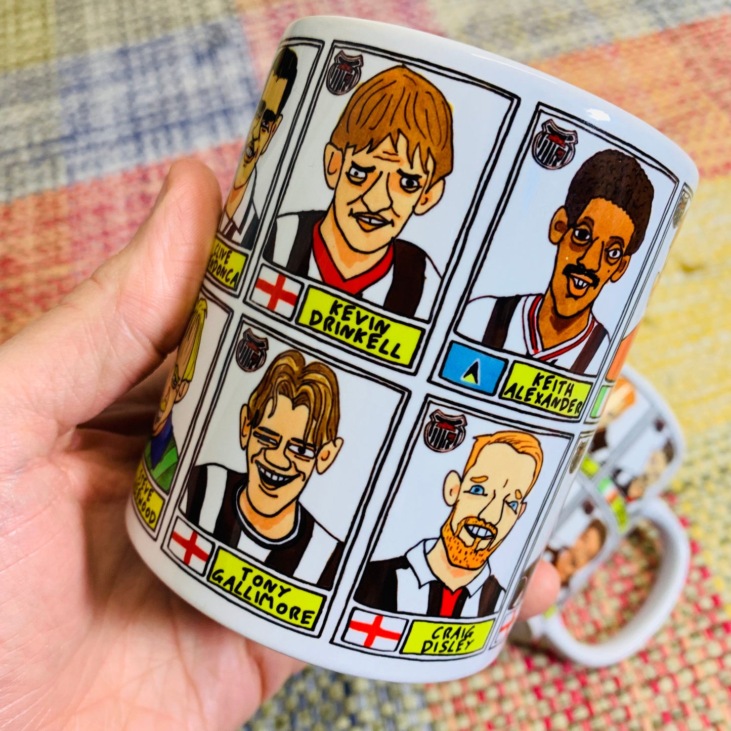 Grimsby Town No Score Draws Mug Set - Set of TWO 11oz Ceramic Mugs with Wonky Panini sticker-style doodles of 24 GTFC Mariners Football Icon