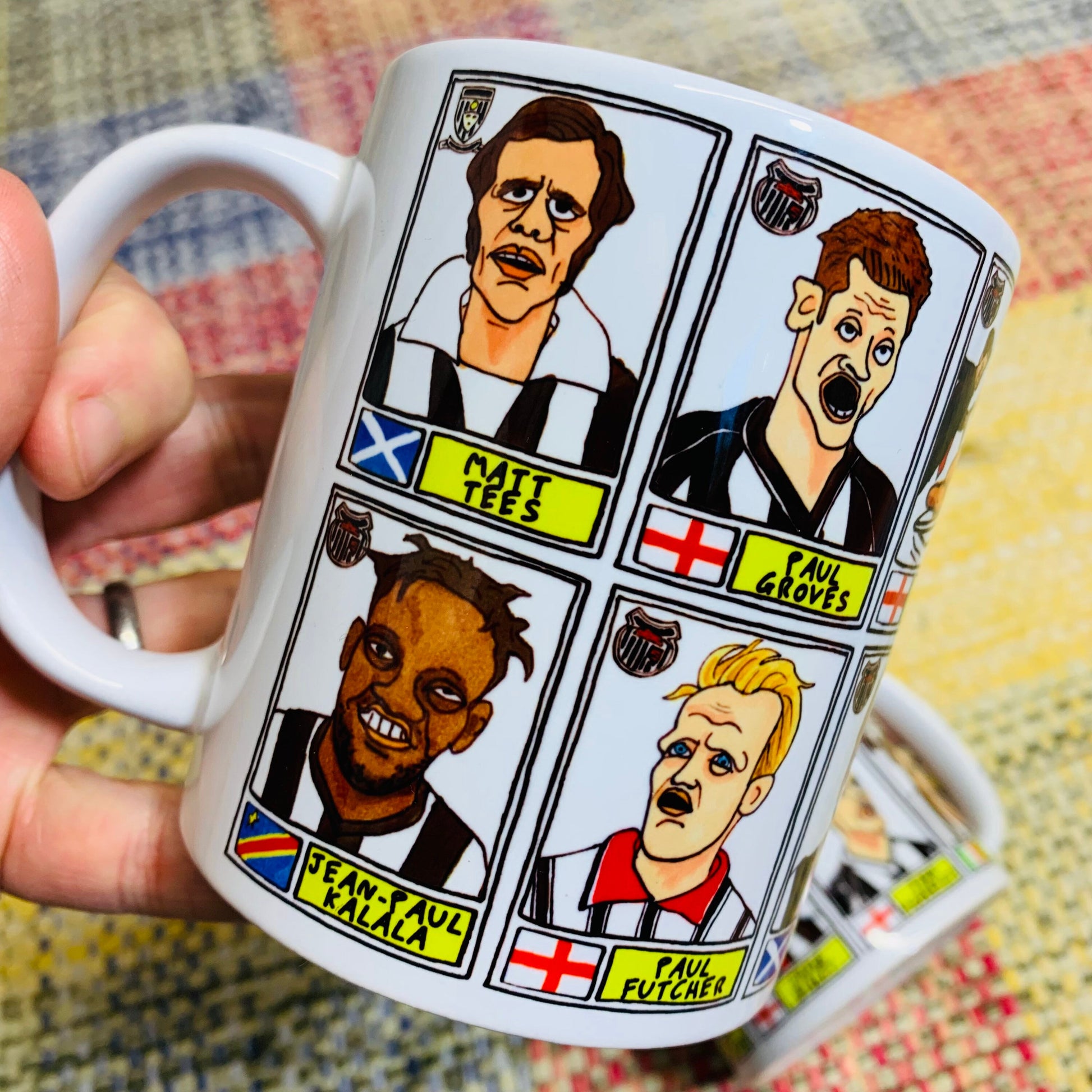 Grimsby Town No Score Draws Mug Set - Set of TWO 11oz Ceramic Mugs with Wonky Panini sticker-style doodles of 24 GTFC Mariners Football Icon