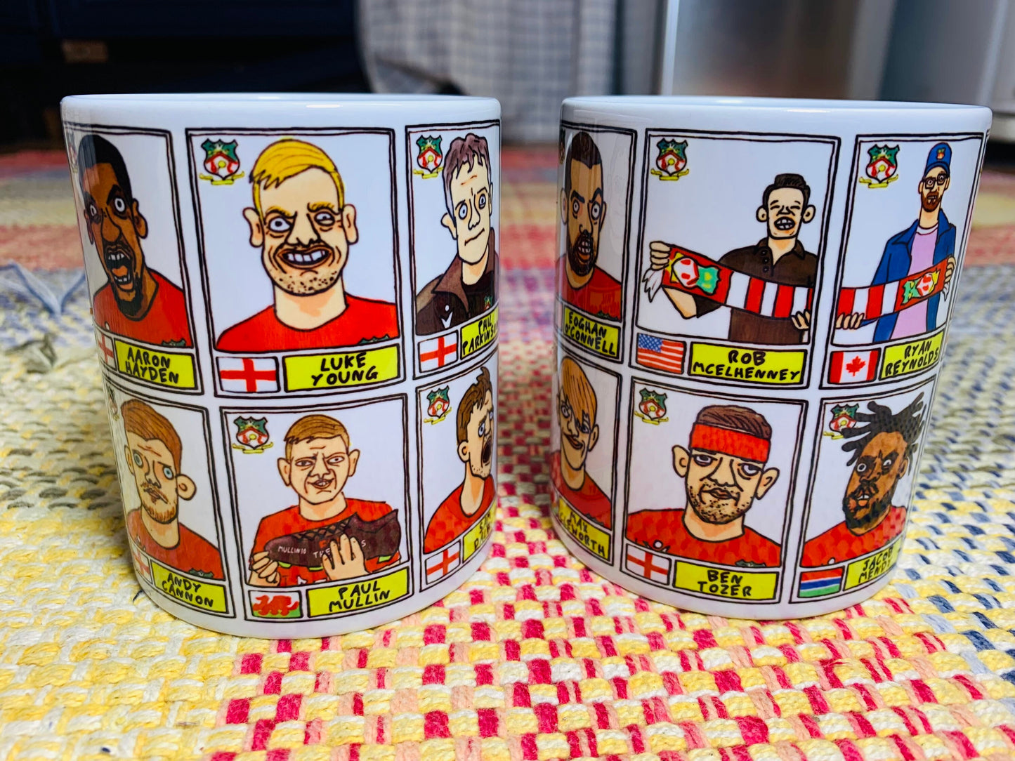 Wrexham Vol 2 No Score Draws Mug Set - Set of TWO 11oz Ceramic Mugs with Wonky Panini-style Doodles of Wrexham's 22/23 Promotion Winners