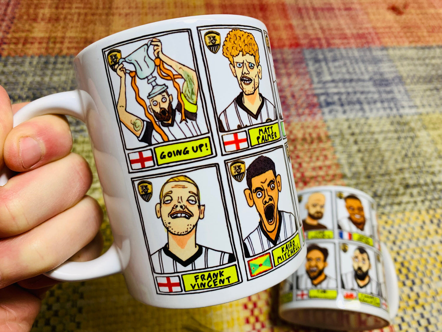 Notts County No Score Draws Mug Set - Set of TWO 11oz Ceramic Mugs with Wonky Panini-style Doodles of Magpies NCFCs 22/23 Promotion Winners