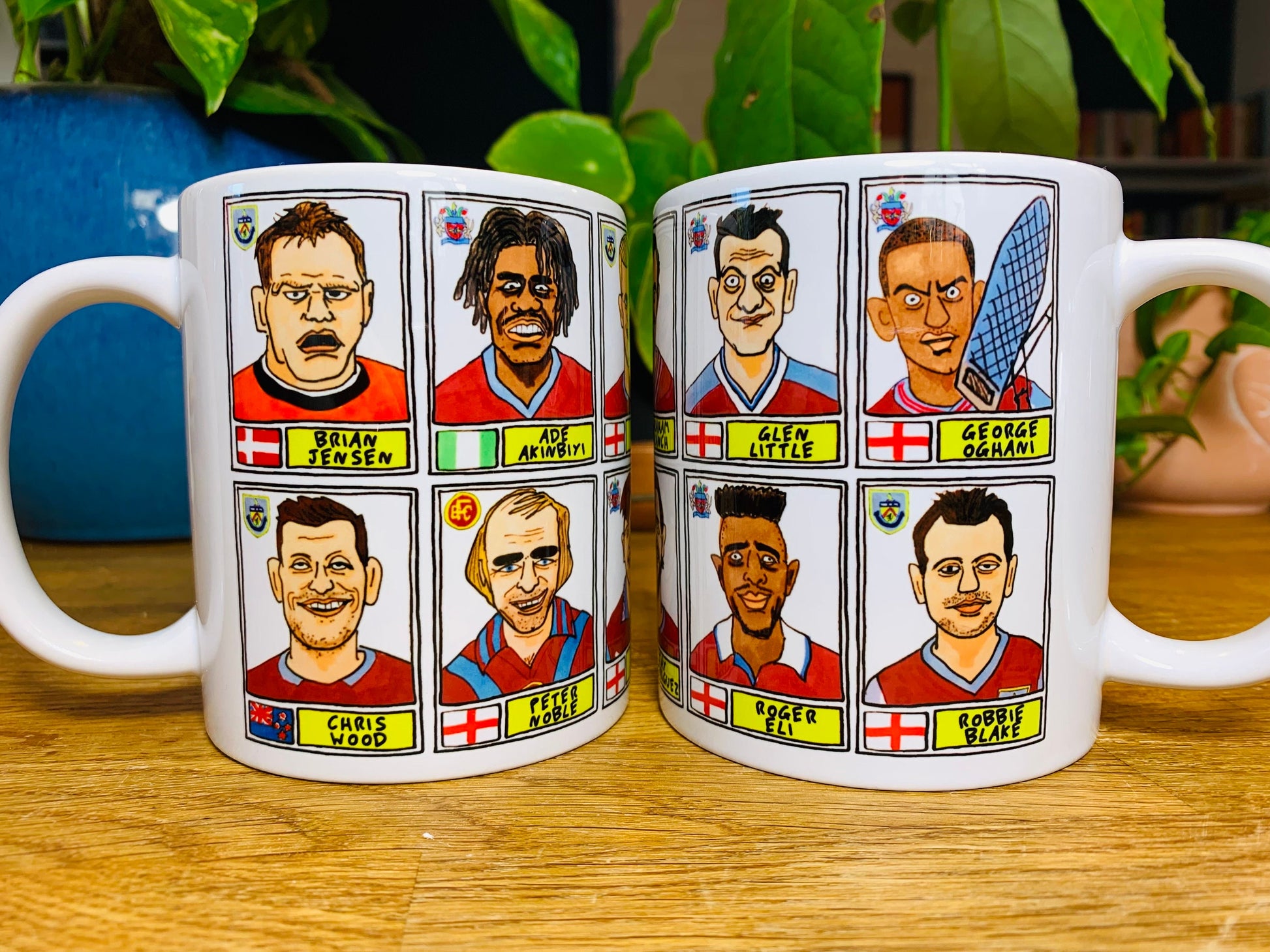 Burnley No Score Draws Mug Set - Set of TWO 11oz Ceramic Mugs with Wonky Panini sticker-style Clarets No Score Draws Doodles