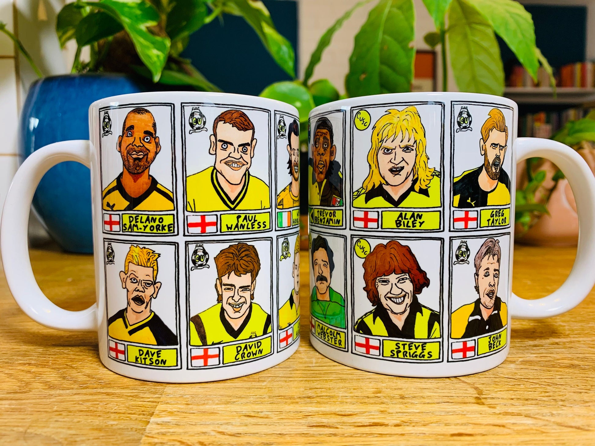 Cambridge United No Score Draws Mug Set - Set of TWO 11oz Ceramic Mugs with Wonky Panini sticker-style CUFC Abbey U's No Score Draws Doodles