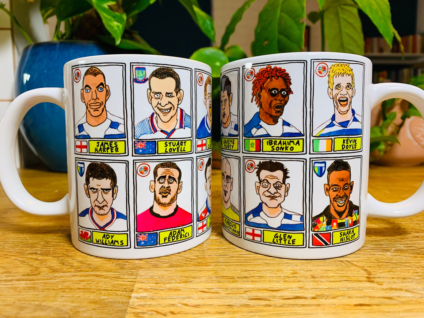 Reading No Score Draws Mug Set - Set of TWO 11oz Ceramic Mugs with Wonky Panini sticker-style No Score Draws Doodles of Royals icons