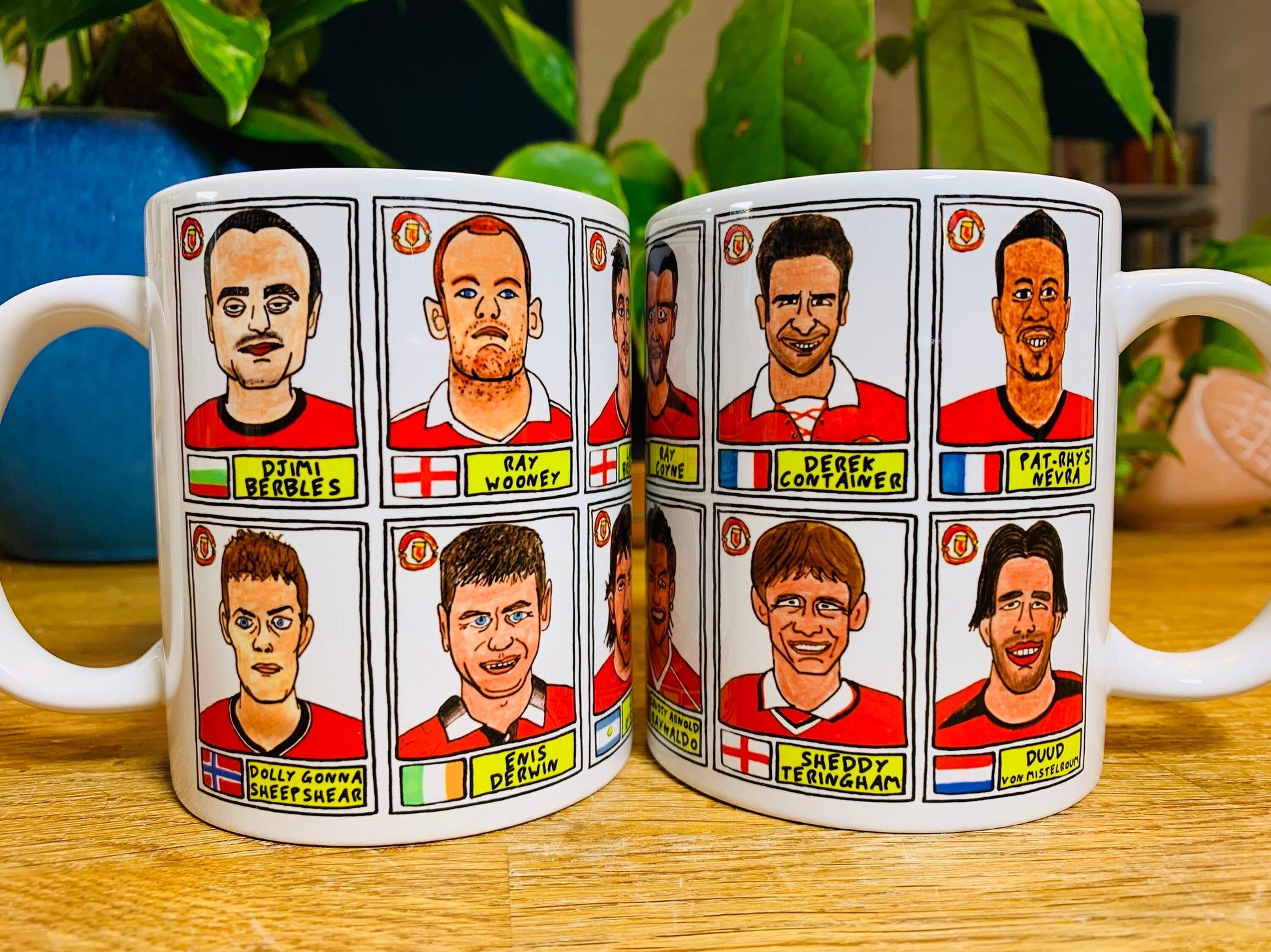 Definitely NOT Man Utd No Score Draws Mug Set - Set of two 11oz Ceramic Mugs with Wonky Panini sticker-style NOT MUFC No Score Draws Doodles