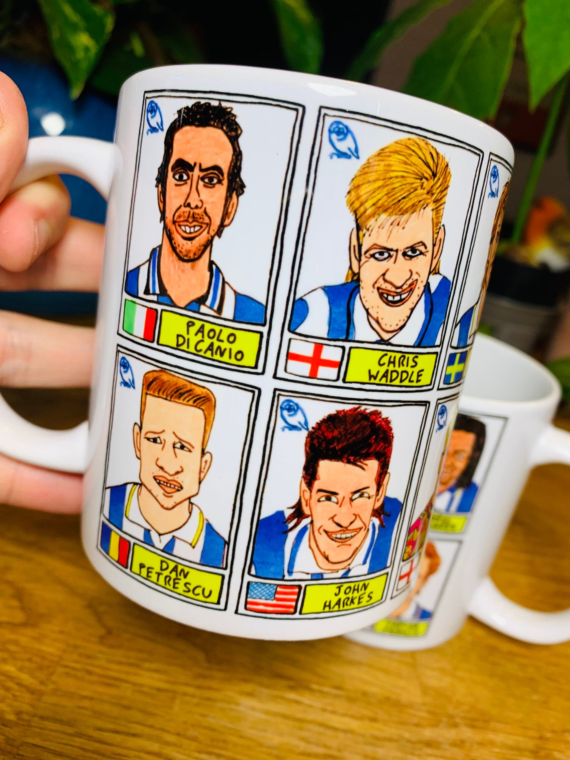 Sheffield Wednesday - Set of TWO 11oz Ceramic Mugs with Wonky Panini sticker-style No Score Draws Doodles of 24 Owls icons - SWFC