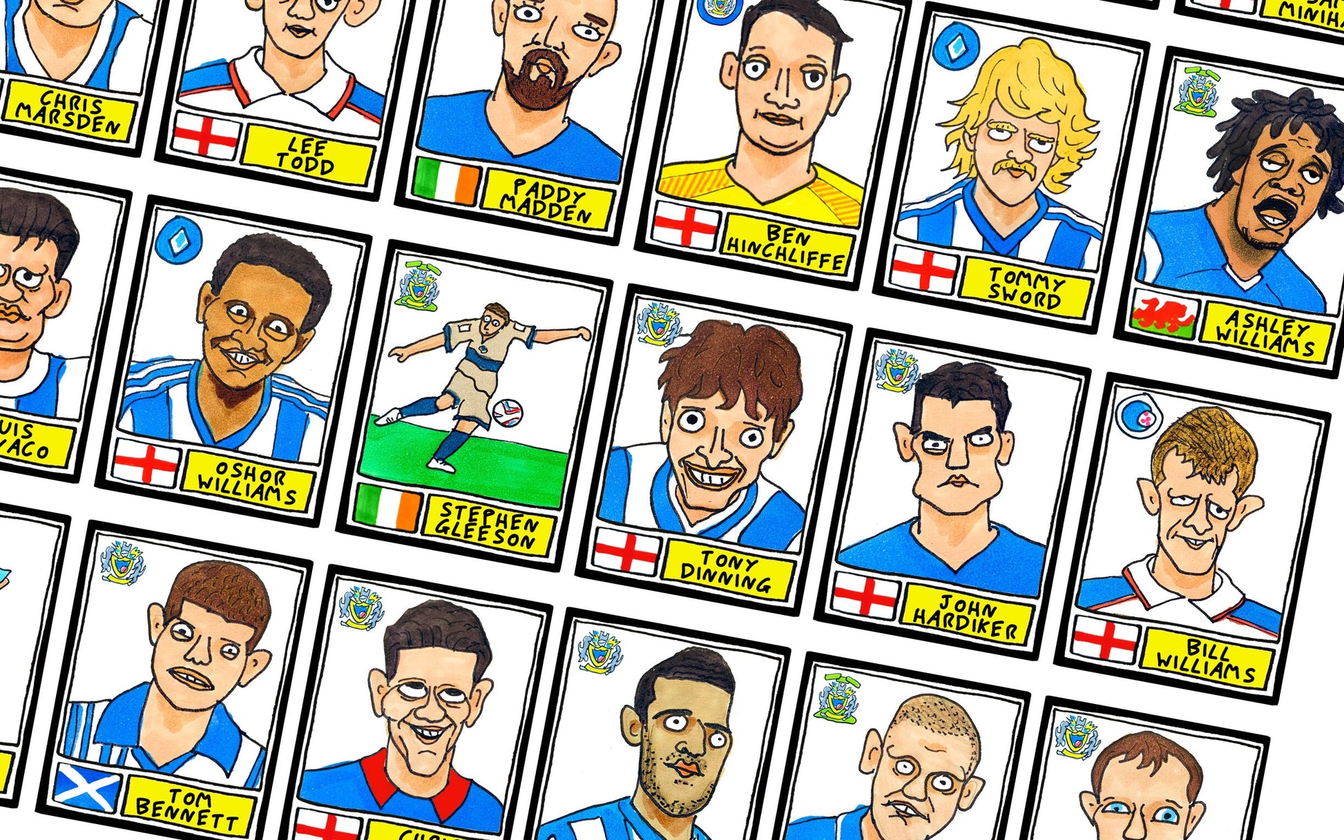 Stockport County - No Score Draws Edgeley Park Edition - A3 print of 36 hand-drawn Panini-style Doodles of SCFC Icons - Wonky football art