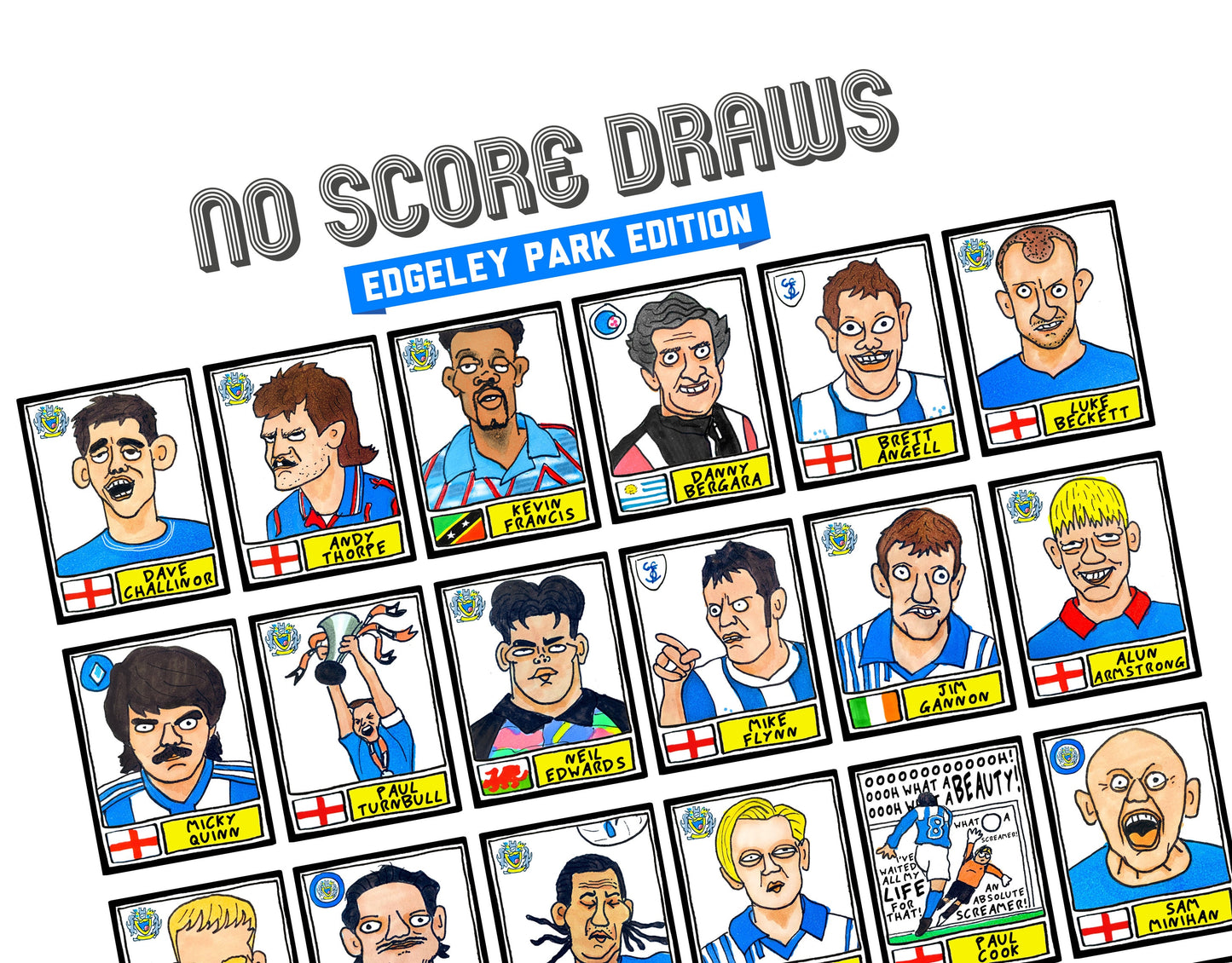 Stockport County - No Score Draws Edgeley Park Edition - A3 print of 36 hand-drawn Panini-style Doodles of SCFC Icons - Wonky football art