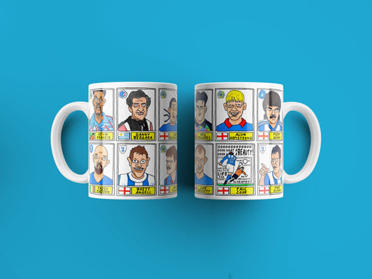 Stockport County No Score Draws Mug Set - Set of TWO 11oz Ceramic Mugs with Wonky Panini sticker-style SCFC Legends No Score Draws Doodles