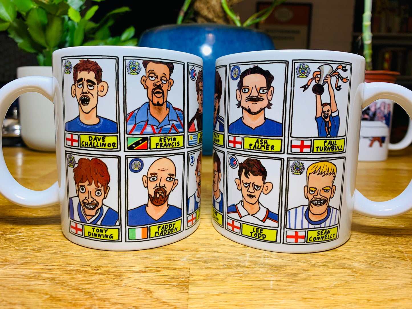 Stockport County No Score Draws Mug Set - Set of TWO 11oz Ceramic Mugs with Wonky Panini sticker-style SCFC Legends No Score Draws Doodles